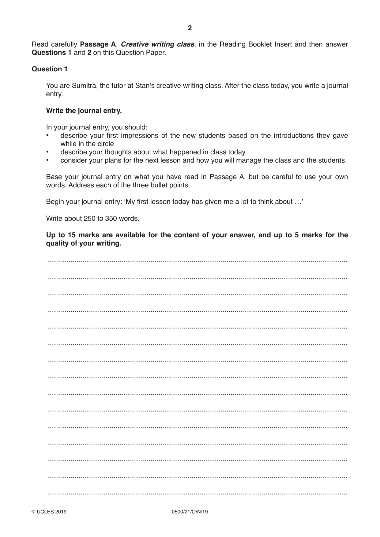 Cambridge IGCSE English - First Language 0500 2019 Oct/Nov Paper 2 · Variant 1 question paper, page 2 of 12