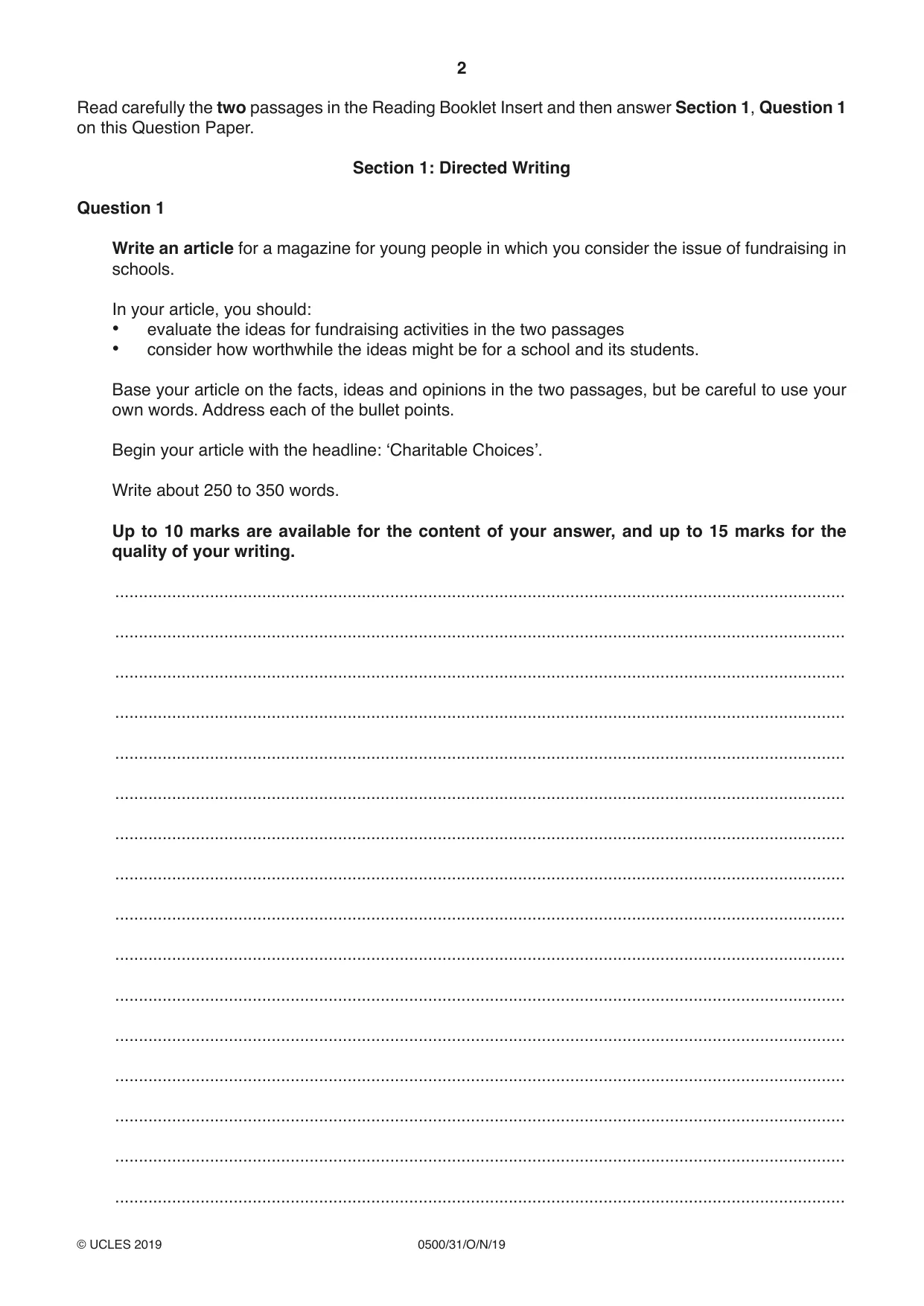 Cambridge IGCSE English - First Language 0500 2019 Oct/Nov Paper 3 · Variant 1 question paper, page 2 of 12