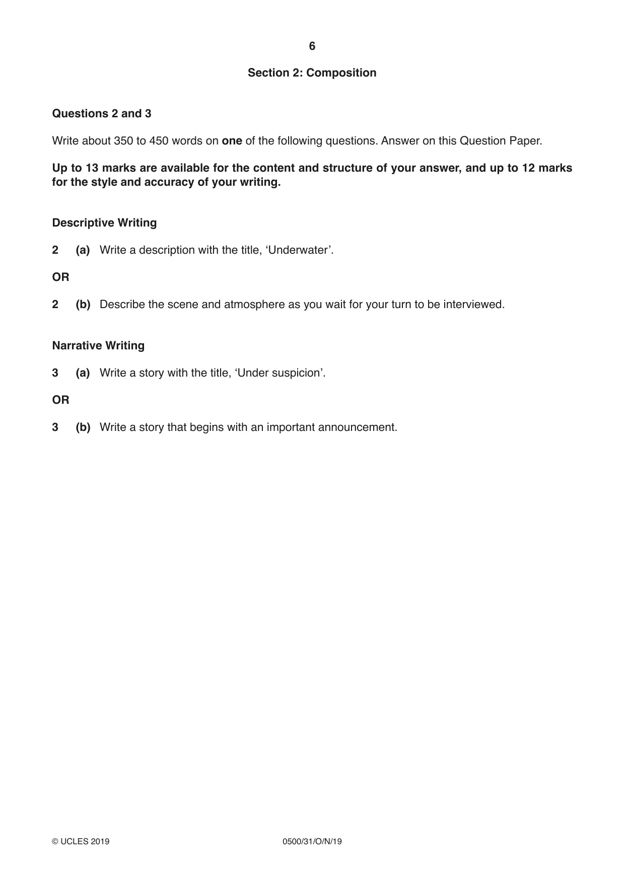 Cambridge IGCSE English - First Language 0500 2019 Oct/Nov Paper 3 · Variant 1 question paper, page 6 of 12