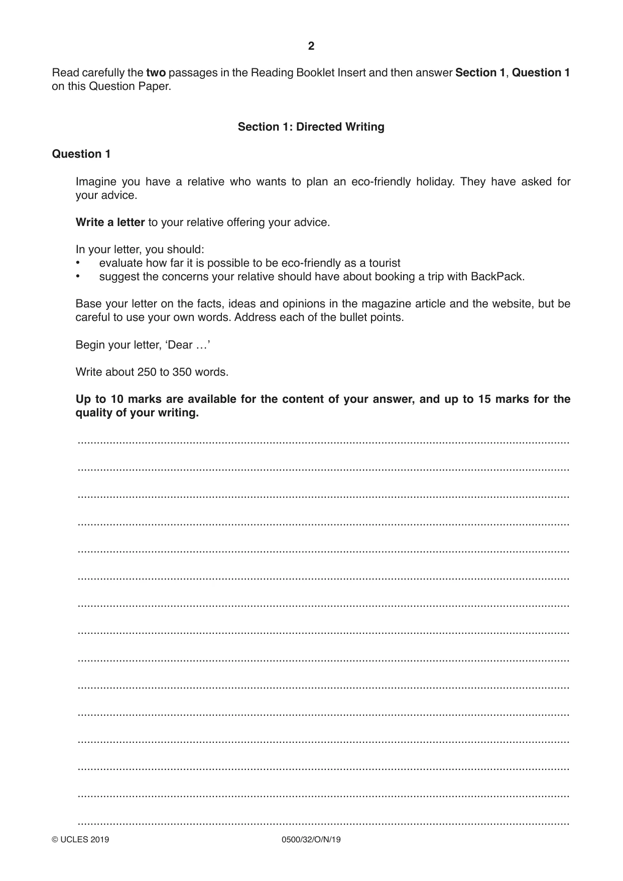 Cambridge IGCSE English - First Language 0500 2019 Oct/Nov Paper 3 · Variant 2 question paper, page 2 of 12