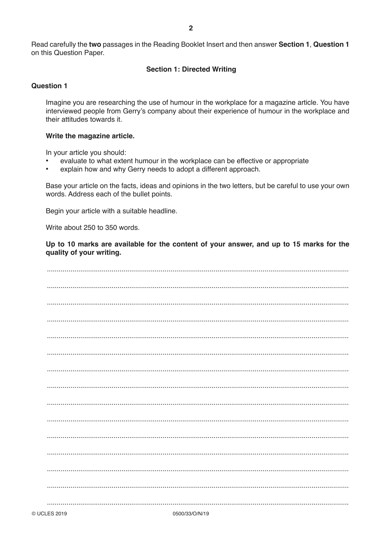 Cambridge IGCSE English - First Language 0500 2019 Oct/Nov Paper 3 · Variant 3 question paper, page 2 of 12