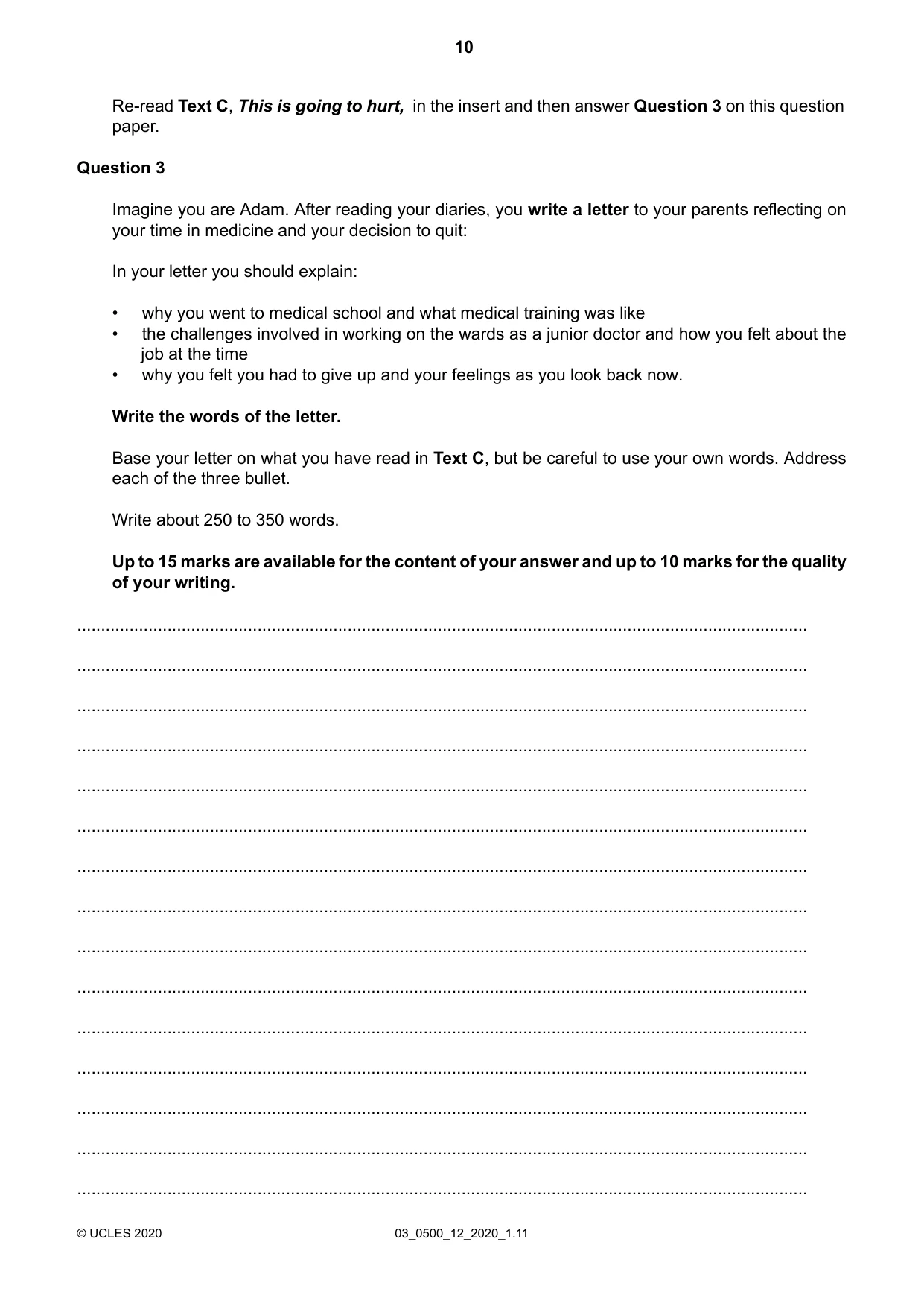 Cambridge IGCSE English - First Language 0500 2020 Feb/March Paper 1 · Variant 2 question paper, page 10 of 16