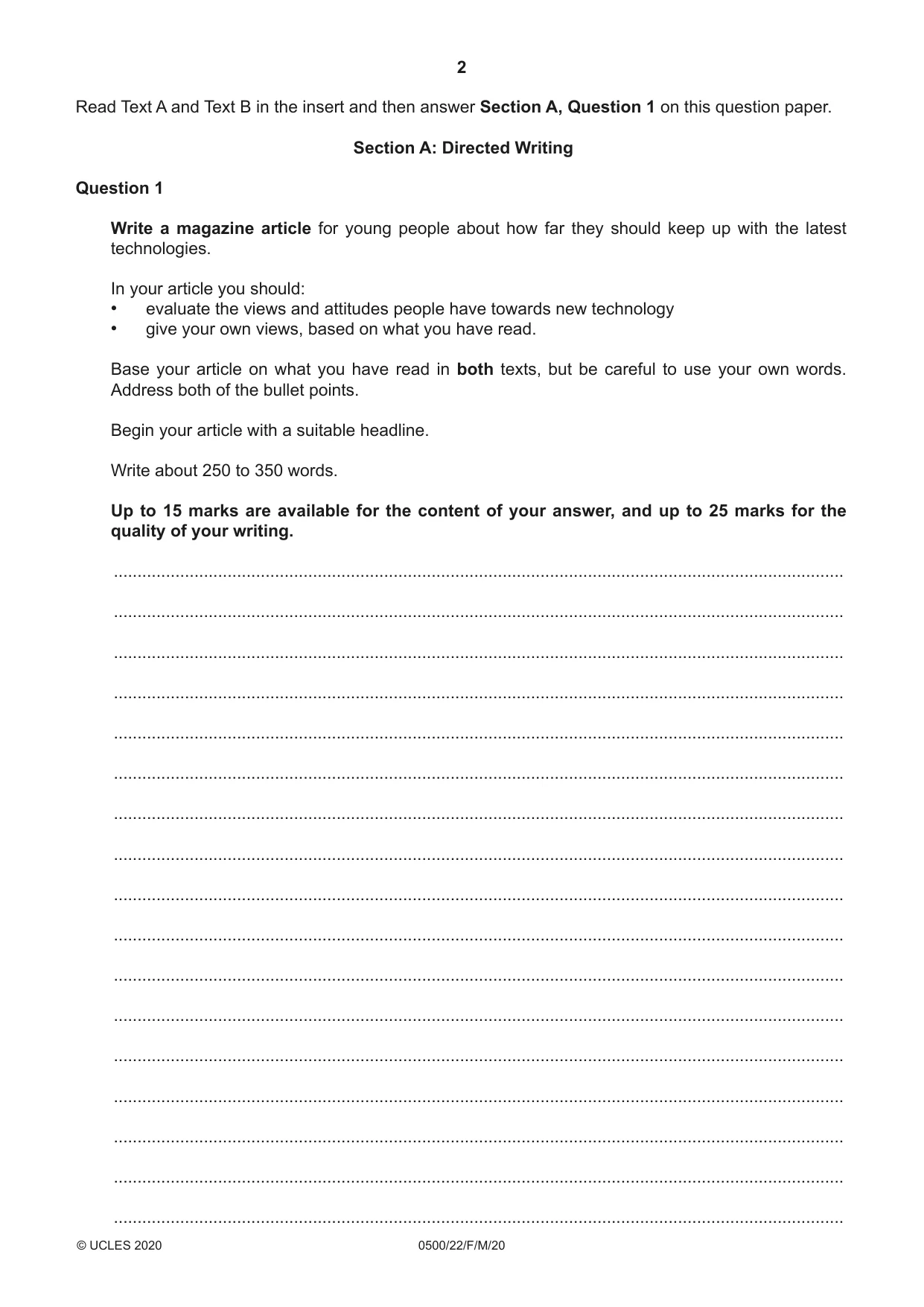Cambridge IGCSE English - First Language 0500 2020 Feb/March Paper 2 · Variant 2 question paper, page 2 of 12