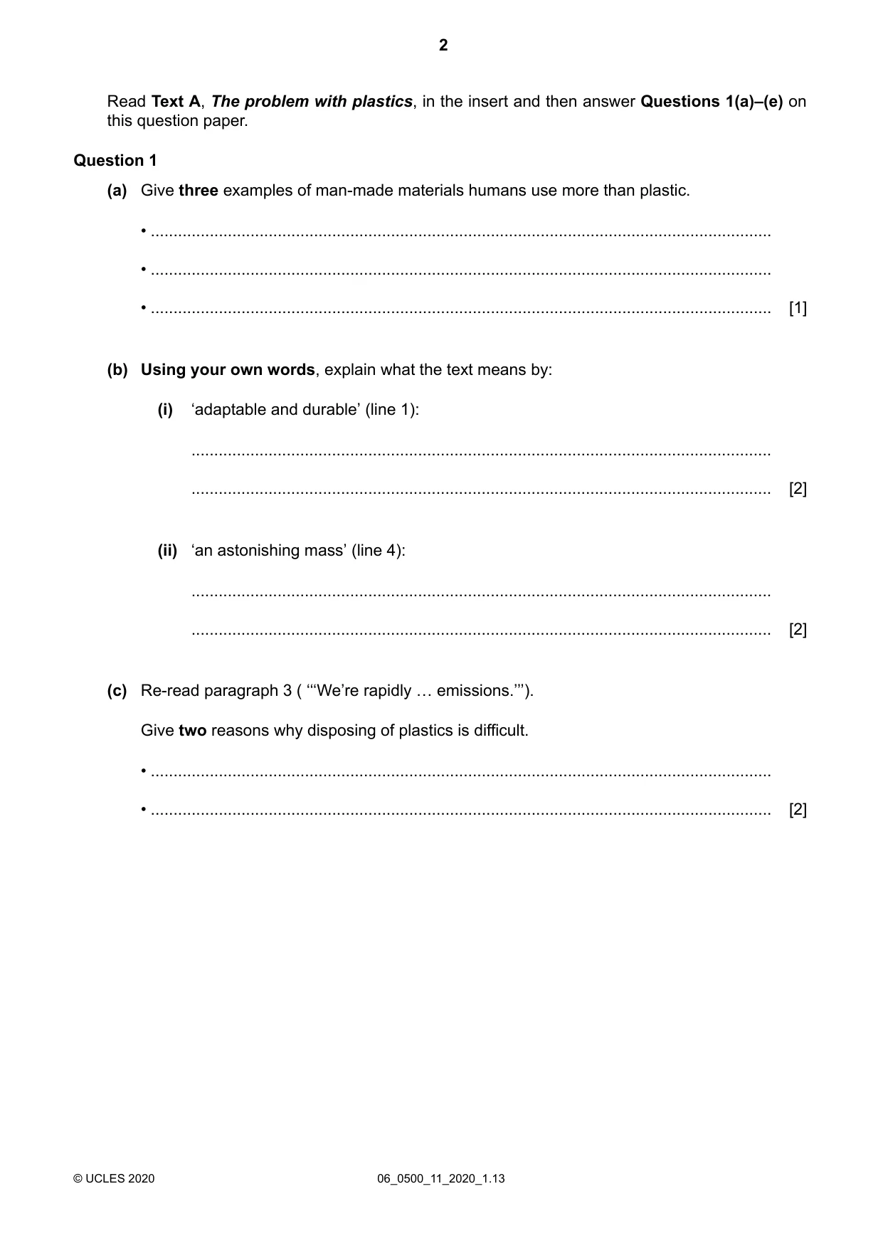 Cambridge IGCSE English - First Language 0500 2020 May/June Paper 1 · Variant 1 question paper, page 2 of 16