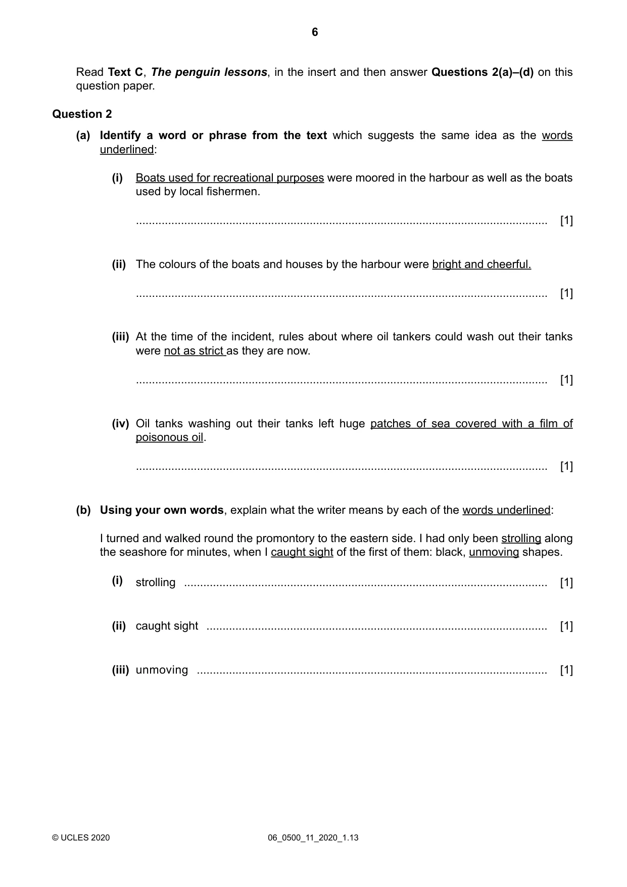Cambridge IGCSE English - First Language 0500 2020 May/June Paper 1 · Variant 1 question paper, page 6 of 16