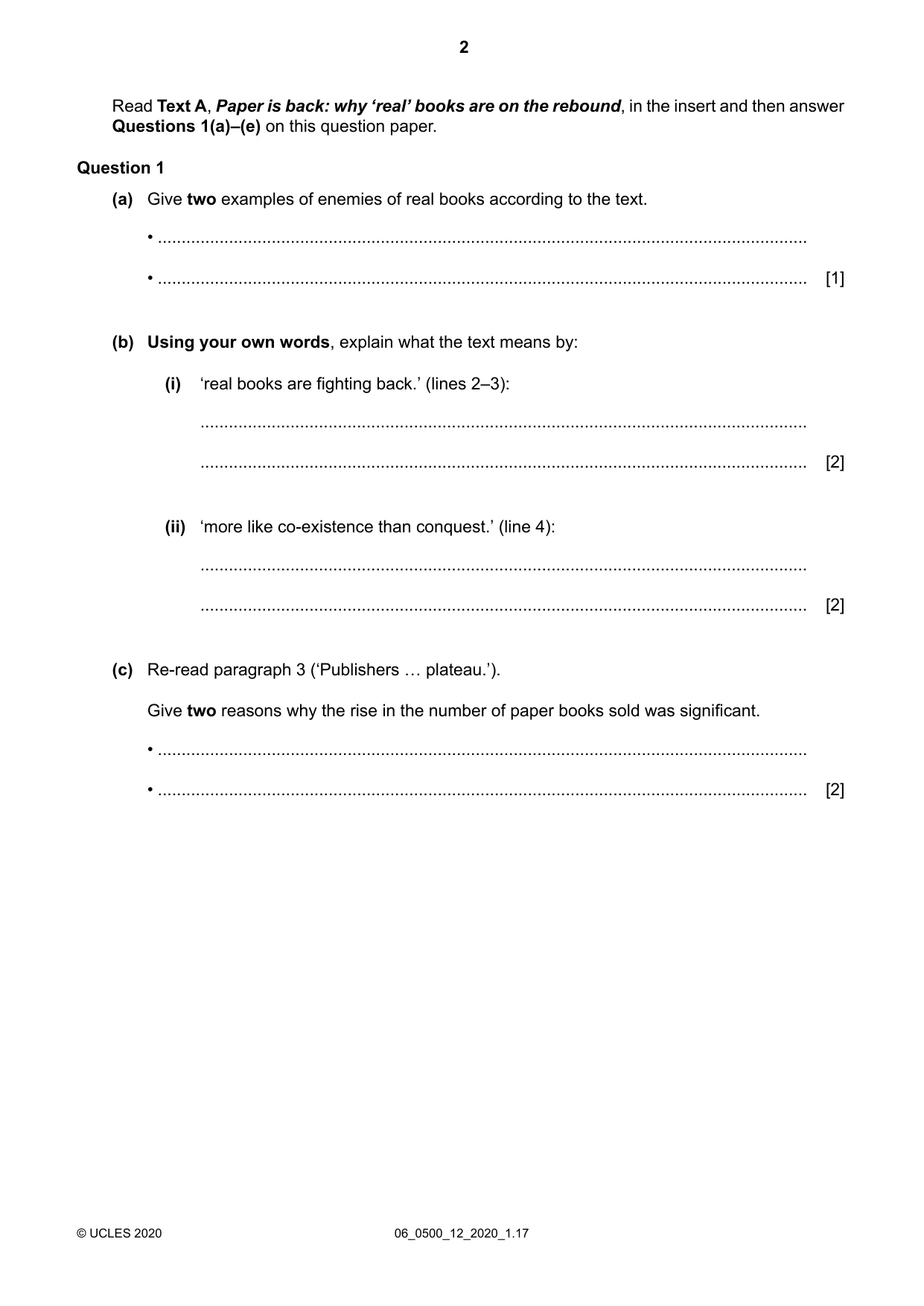 Cambridge IGCSE English - First Language 0500 2020 May/June Paper 1 · Variant 2 question paper, page 2 of 16