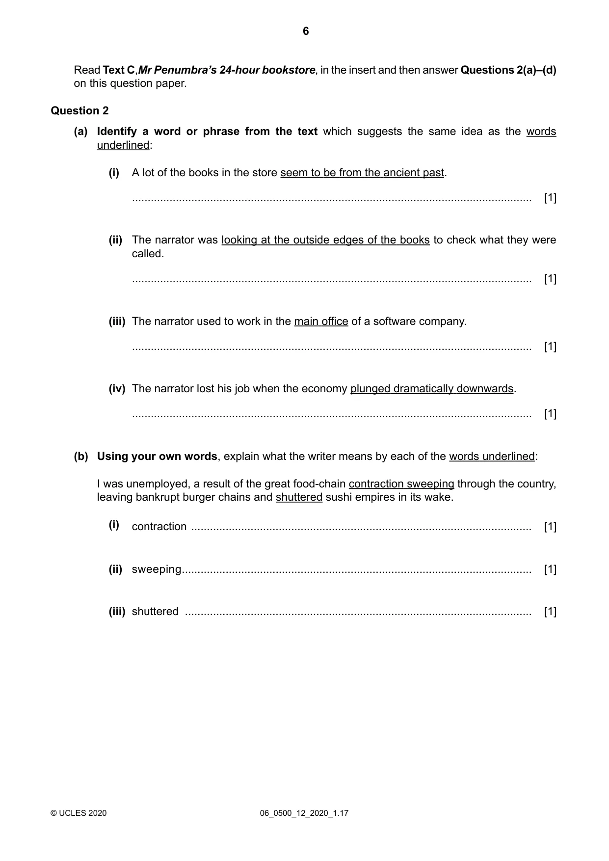 Cambridge IGCSE English - First Language 0500 2020 May/June Paper 1 · Variant 2 question paper, page 6 of 16