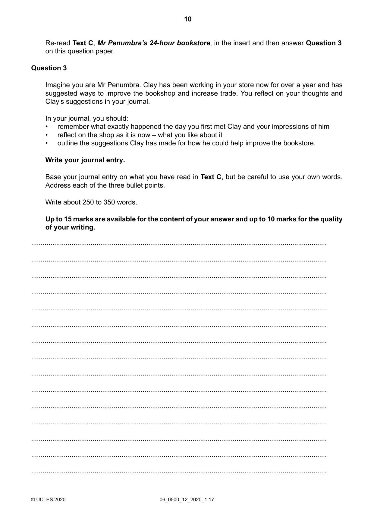 Cambridge IGCSE English - First Language 0500 2020 May/June Paper 1 · Variant 2 question paper, page 10 of 16
