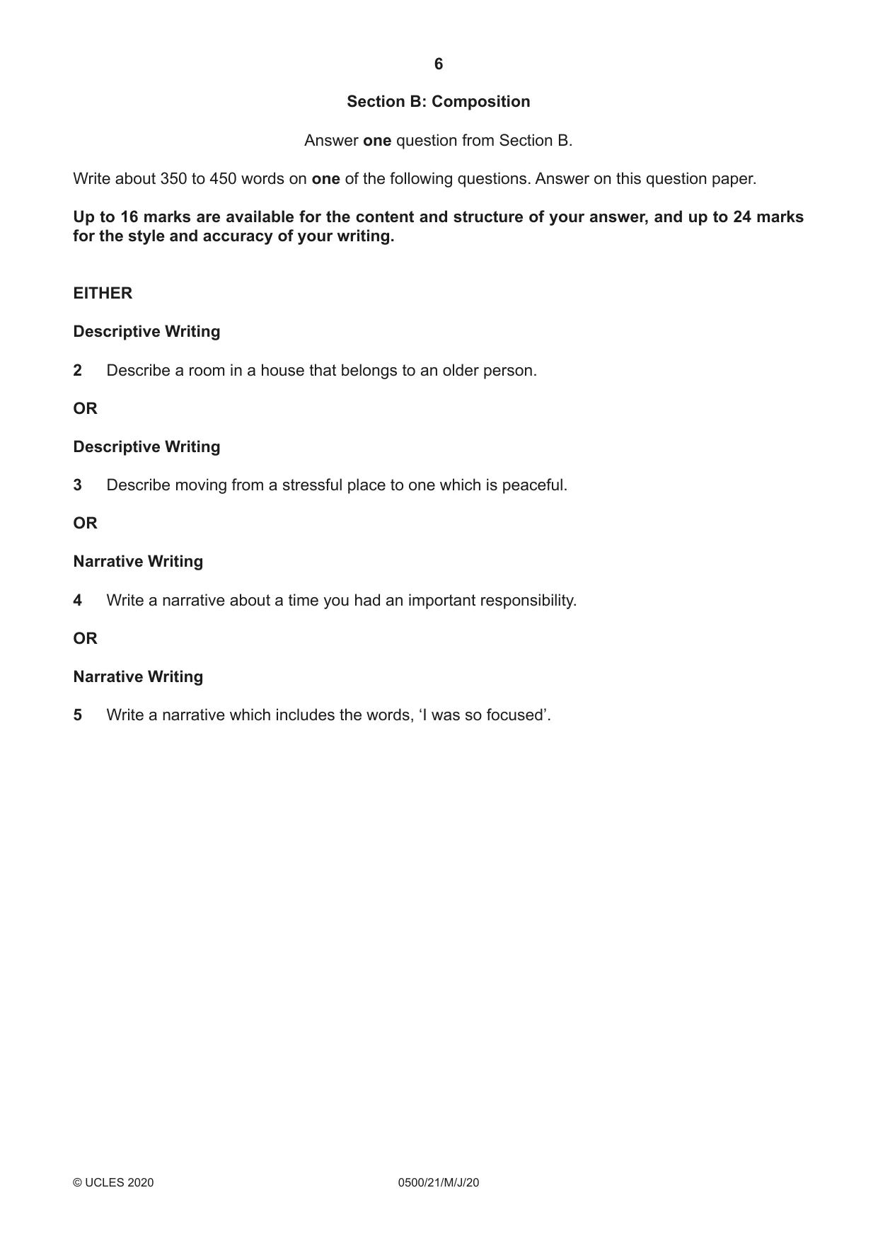 Cambridge IGCSE English - First Language 0500 2020 May/June Paper 2 · Variant 1 question paper, page 6 of 12