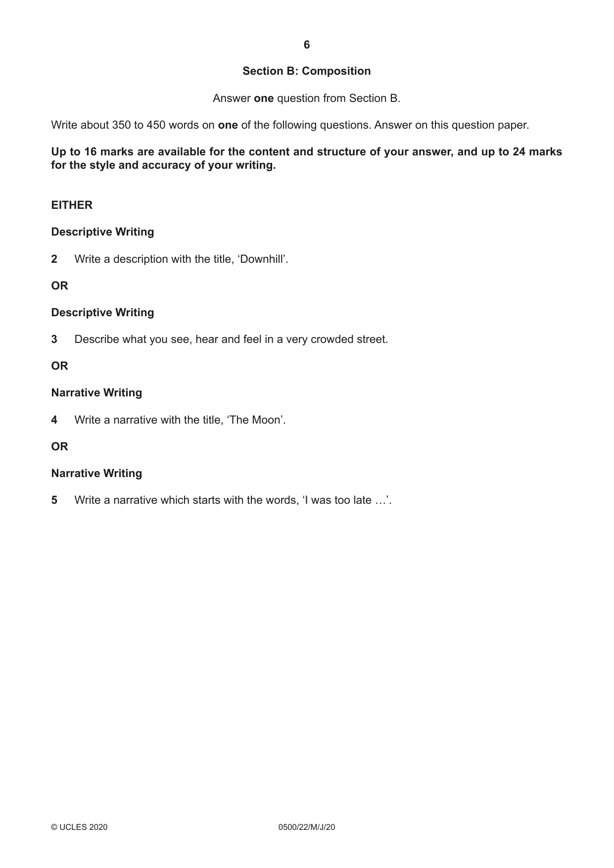 Cambridge IGCSE English - First Language 0500 2020 May/June Paper 2 · Variant 2 question paper, page 6 of 12
