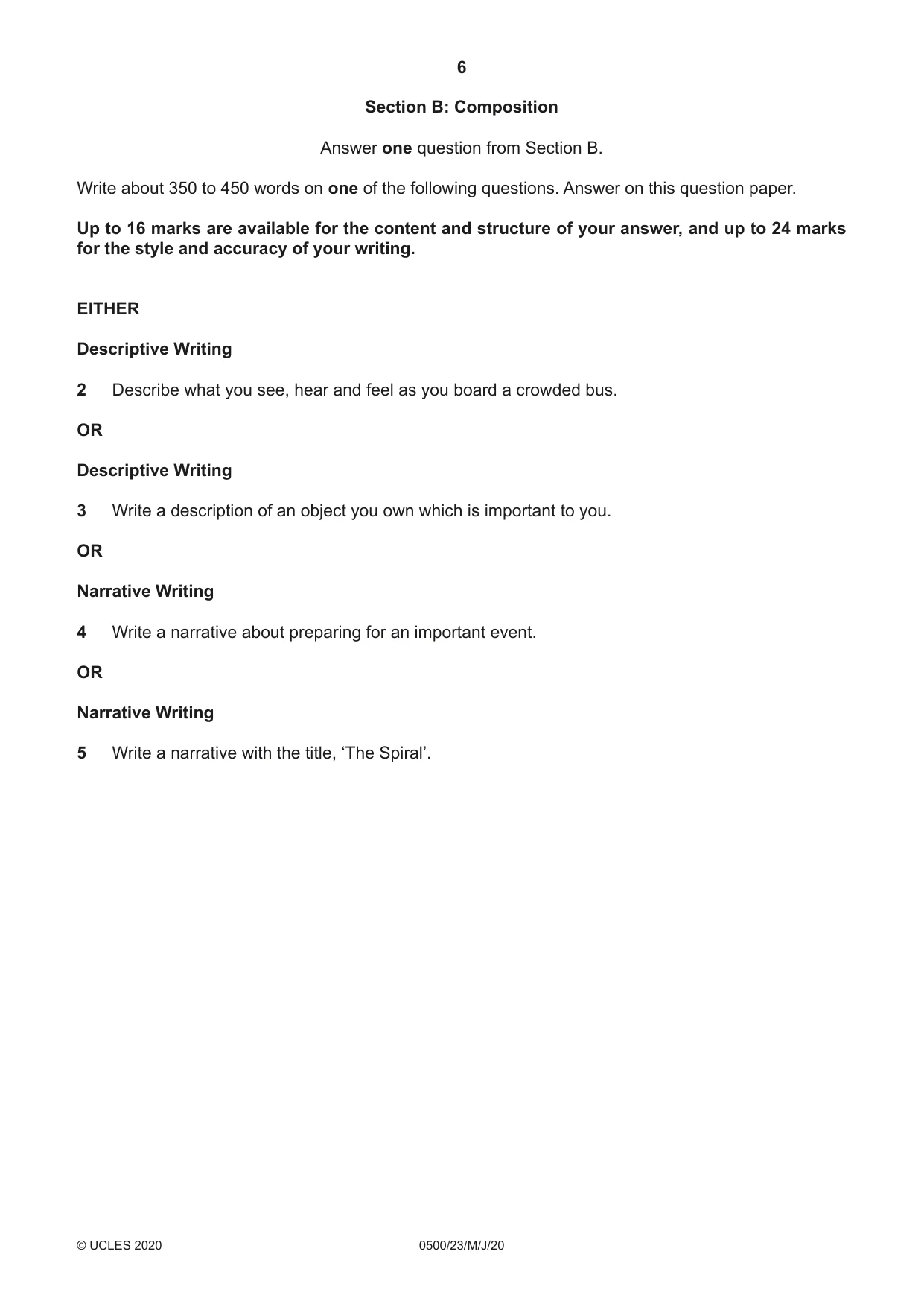 Cambridge IGCSE English - First Language 0500 2020 May/June Paper 2 · Variant 3 question paper, page 6 of 12