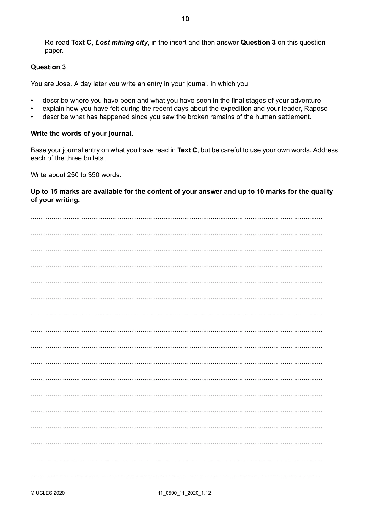 Cambridge IGCSE English - First Language 0500 2020 Oct/Nov Paper 1 · Variant 1 question paper, page 10 of 16