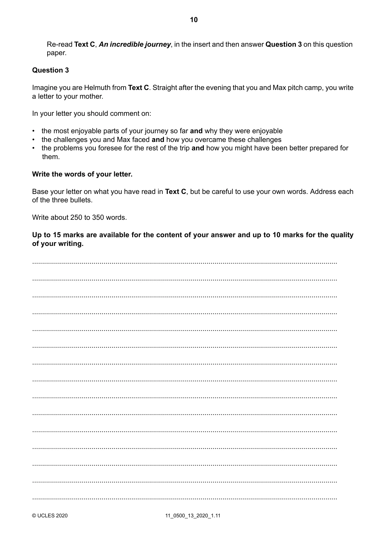 Cambridge IGCSE English - First Language 0500 2020 Oct/Nov Paper 1 · Variant 3 question paper, page 10 of 16