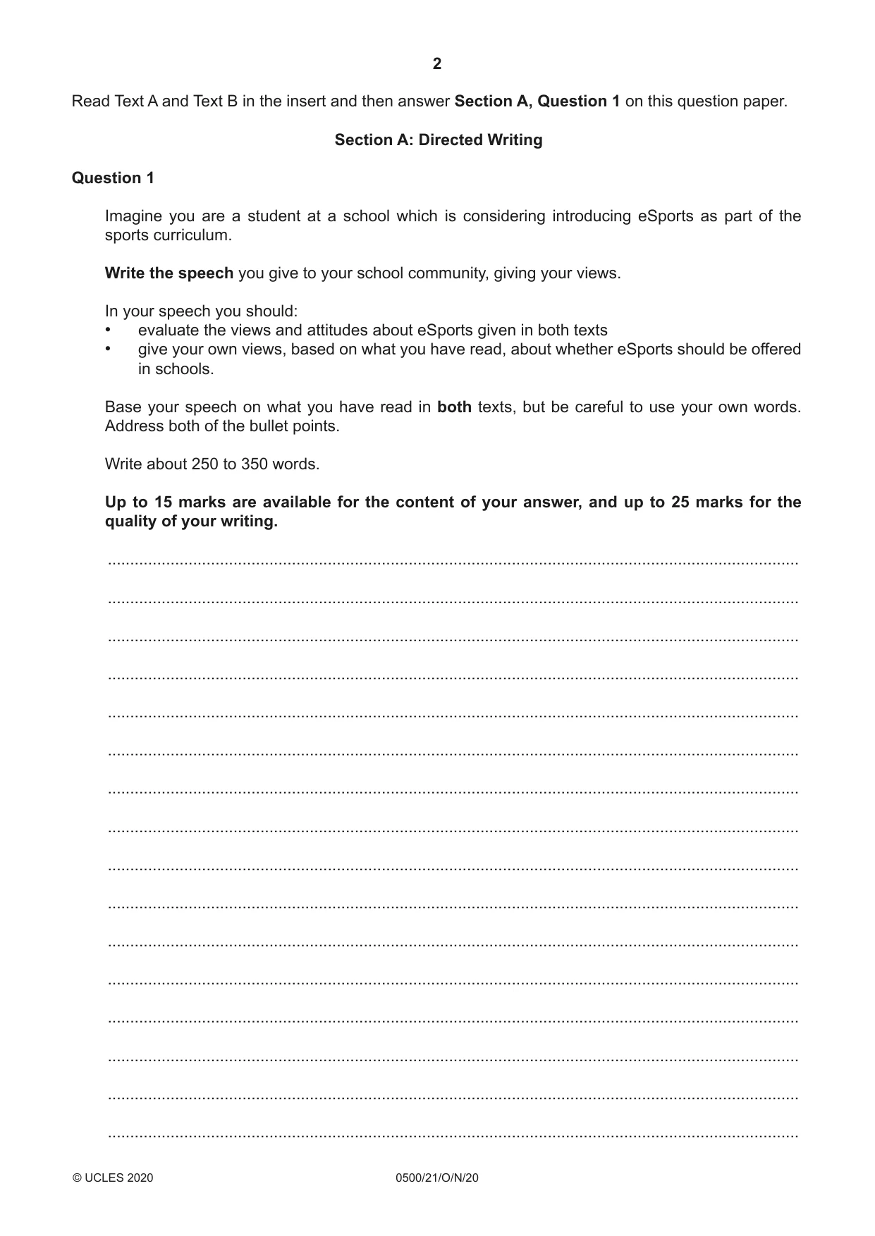 Cambridge IGCSE English - First Language 0500 2020 Oct/Nov Paper 2 · Variant 1 question paper, page 2 of 12