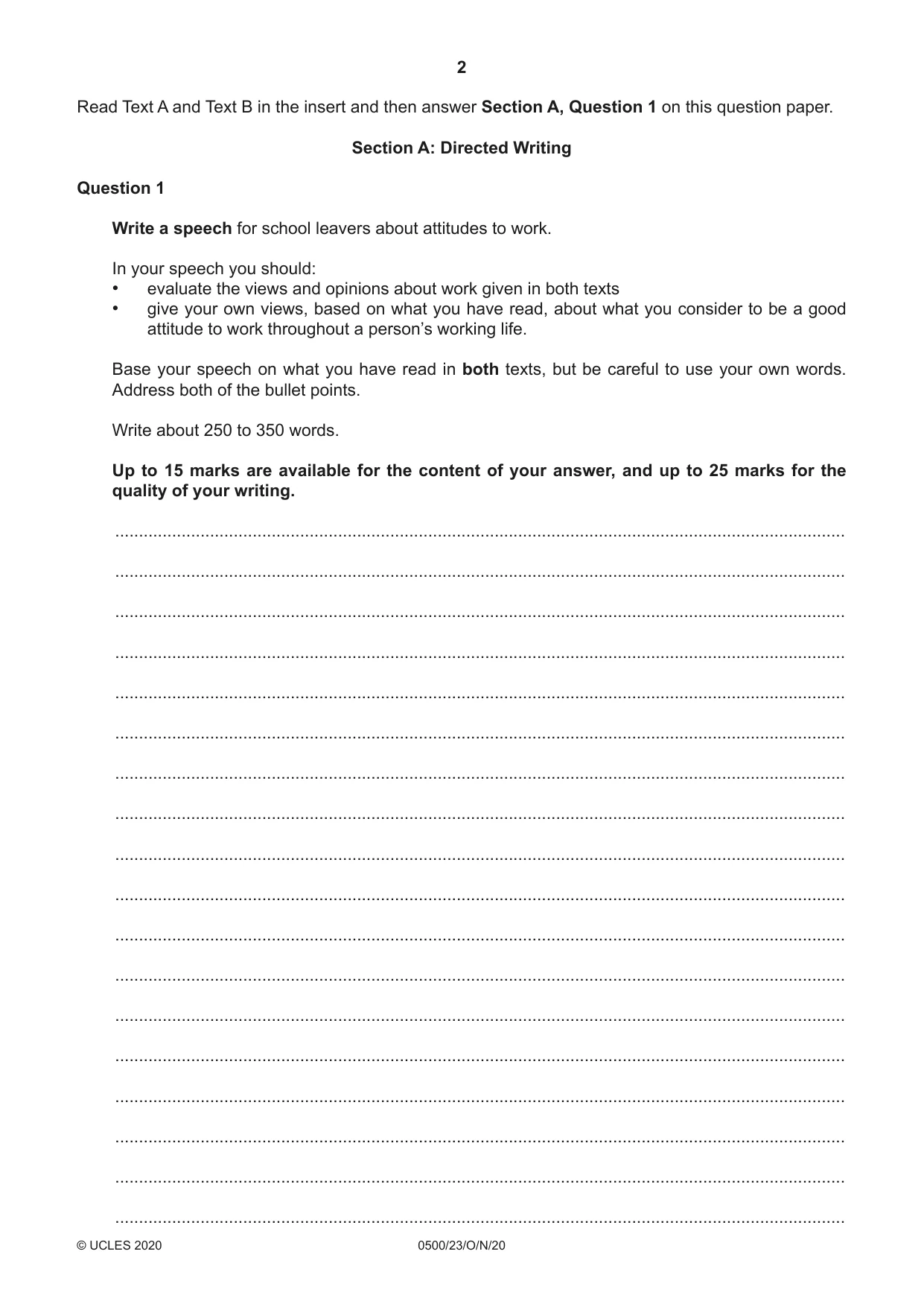 Cambridge IGCSE English - First Language 0500 2020 Oct/Nov Paper 2 · Variant 3 question paper, page 2 of 12
