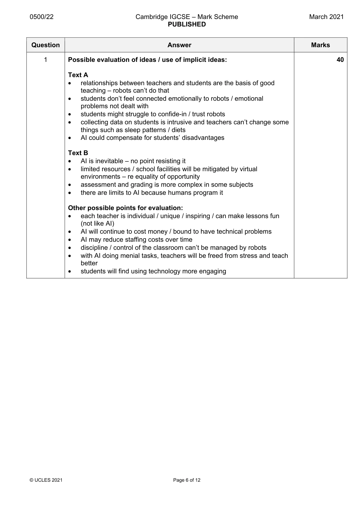 Mark scheme, page 6 of 12