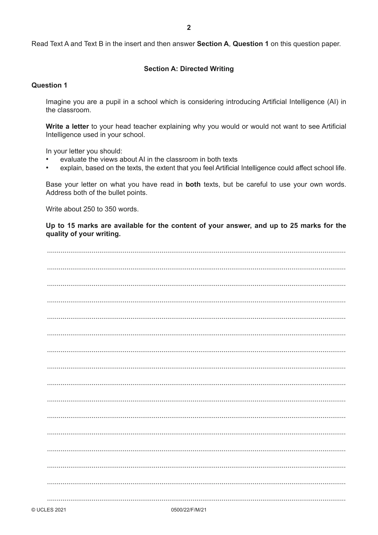 Cambridge IGCSE English - First Language 0500 2021 Feb/March Paper 2 · Variant 2 question paper, page 2 of 12