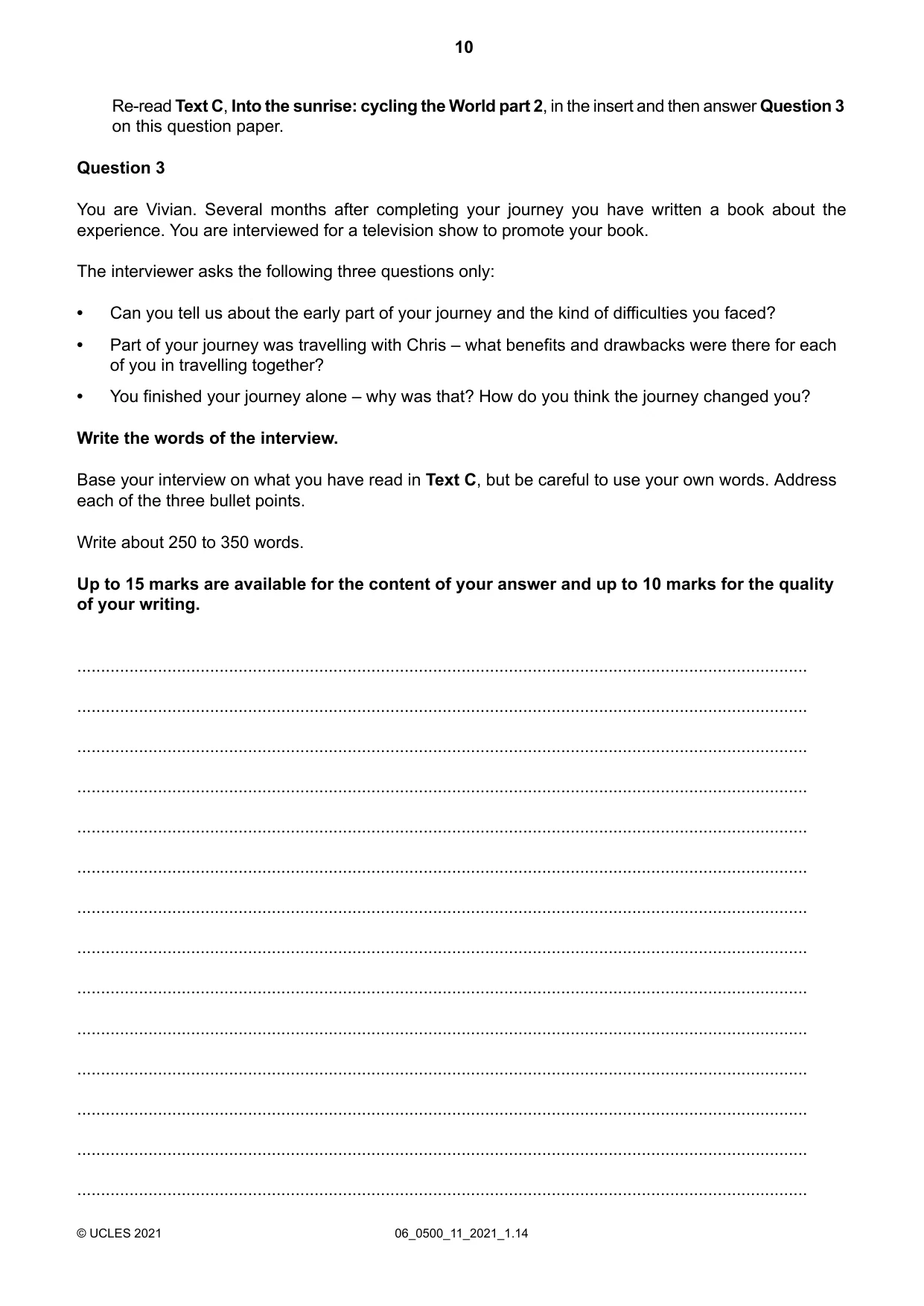 Cambridge IGCSE English - First Language 0500 2021 May/June Paper 1 · Variant 1 question paper, page 10 of 16