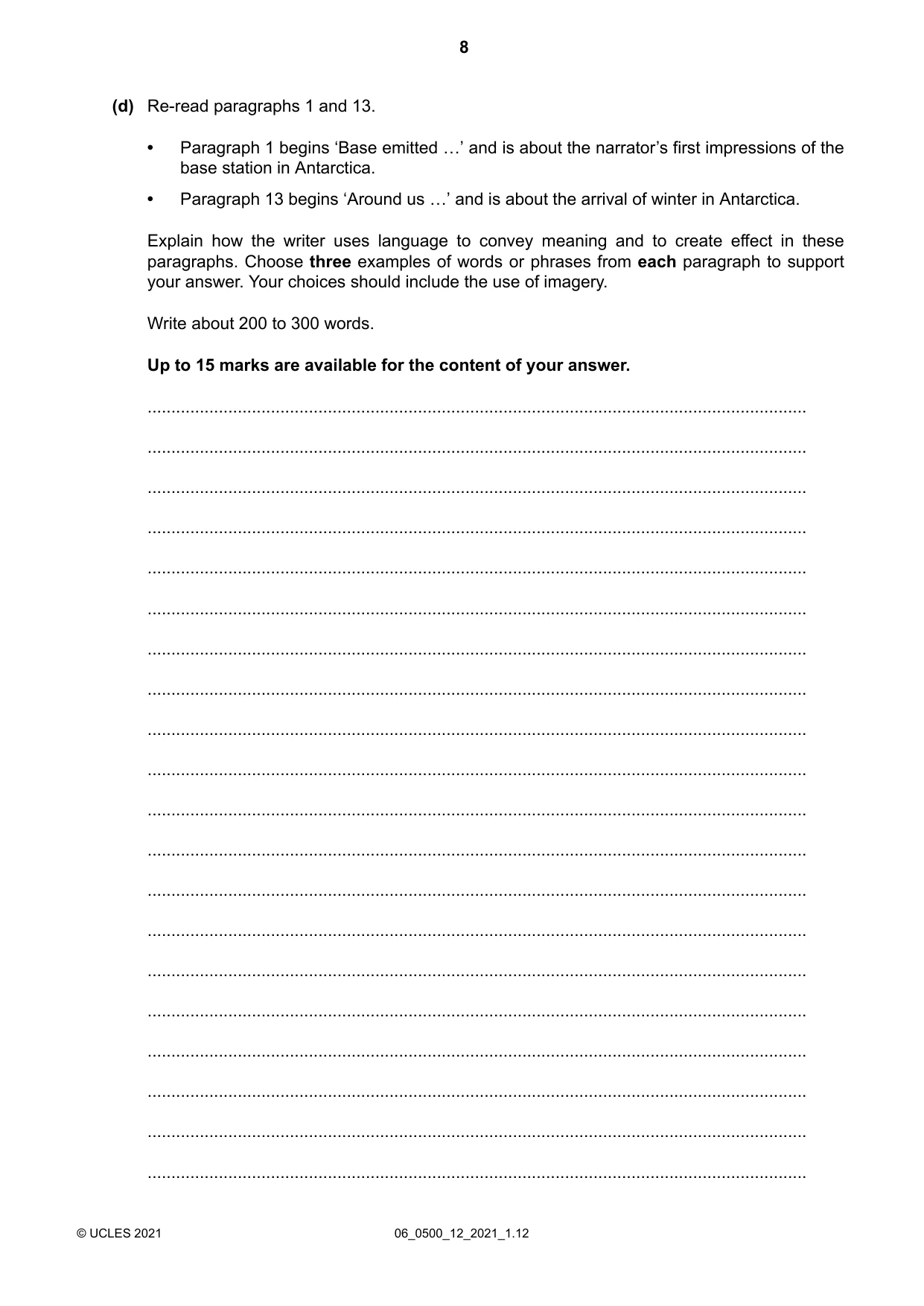Cambridge IGCSE English - First Language 0500 2021 May/June Paper 1 · Variant 2 question paper, page 8 of 16