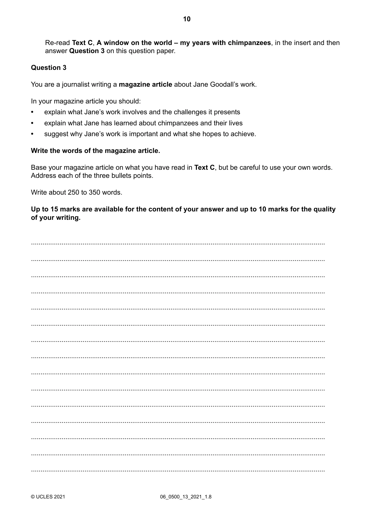 Cambridge IGCSE English - First Language 0500 2021 May/June Paper 1 · Variant 3 question paper, page 10 of 16