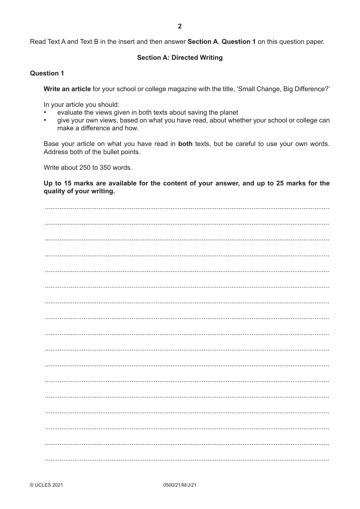 Cambridge IGCSE English - First Language 0500 2021 May/June Paper 2 · Variant 1 question paper, page 2 of 12