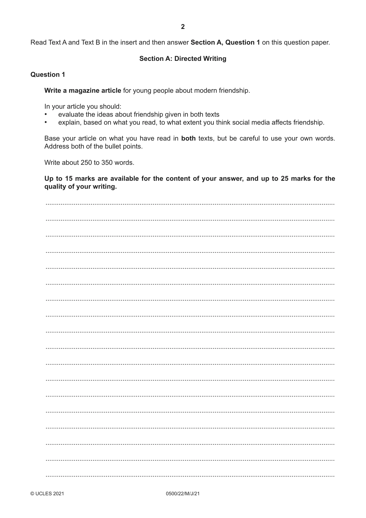 Cambridge IGCSE English - First Language 0500 2021 May/June Paper 2 · Variant 2 question paper, page 2 of 12