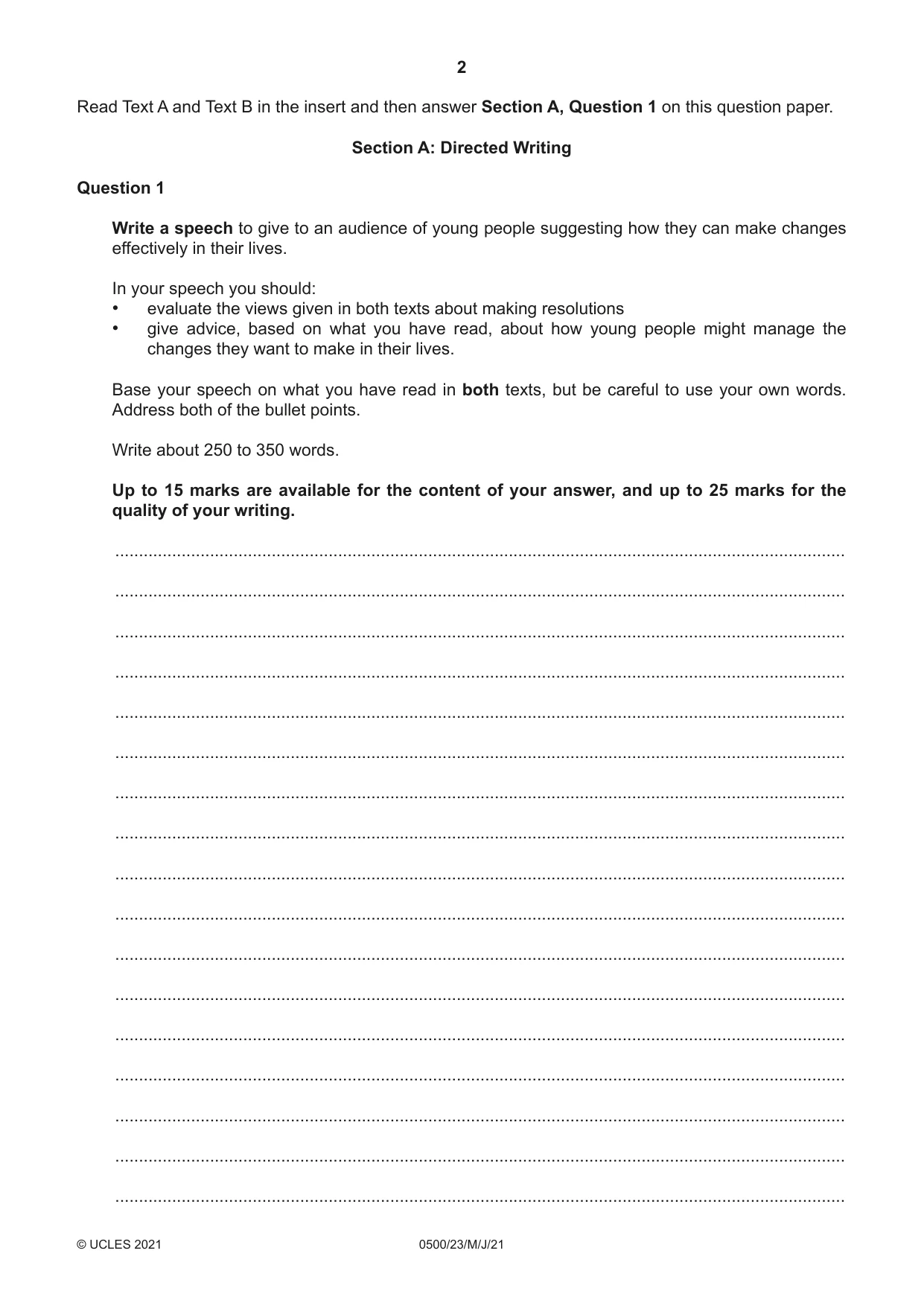 Cambridge IGCSE English - First Language 0500 2021 May/June Paper 2 · Variant 3 question paper, page 2 of 12