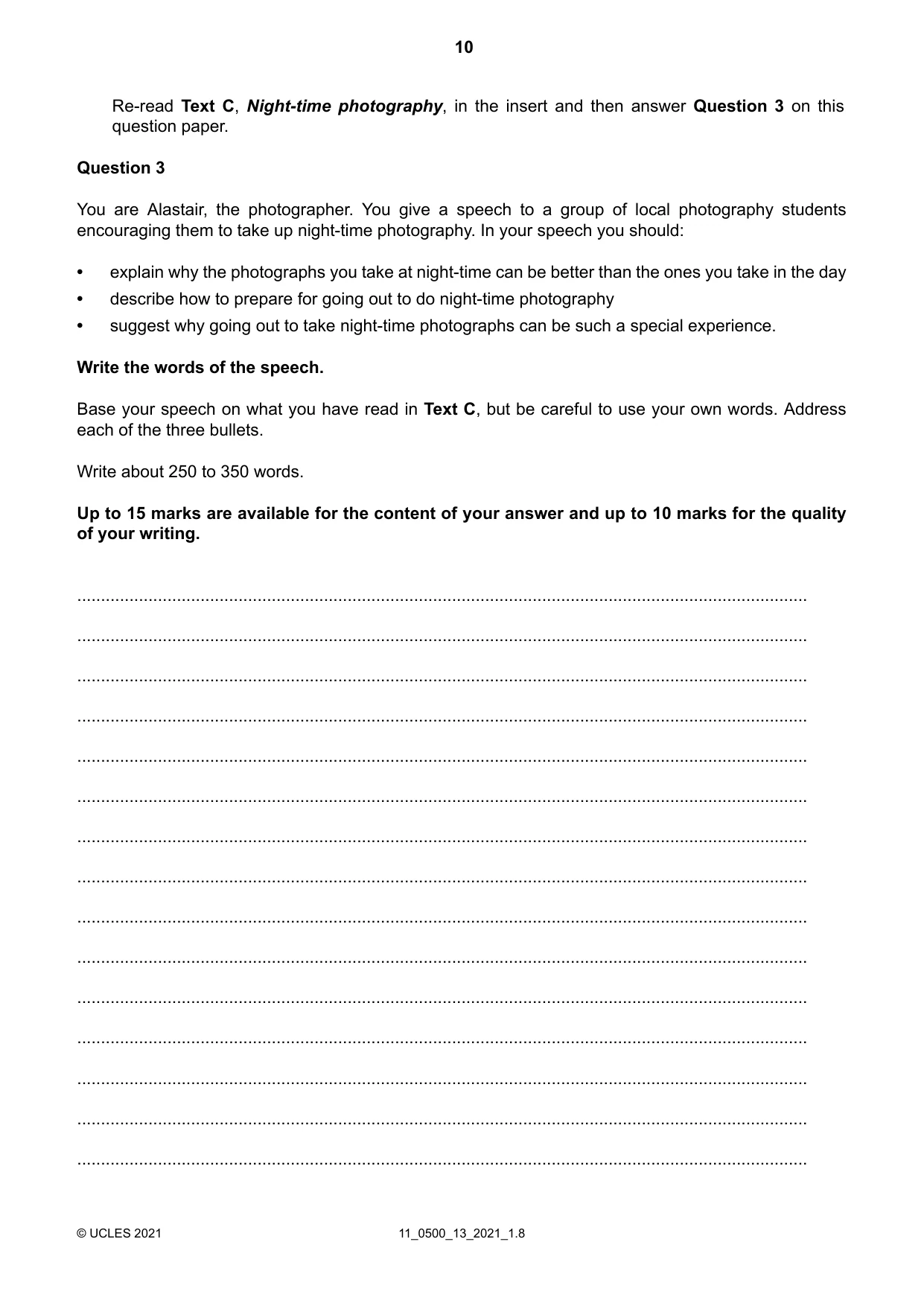 Cambridge IGCSE English - First Language 0500 2021 Oct/Nov Paper 1 · Variant 3 question paper, page 10 of 16
