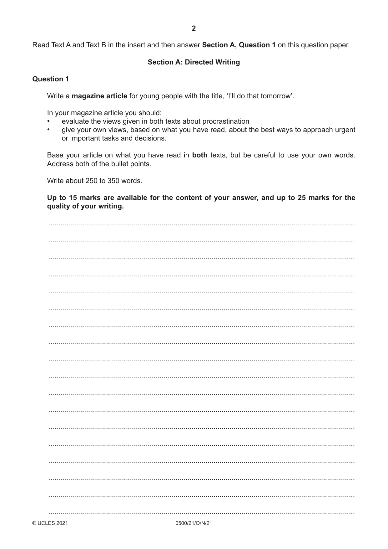 Cambridge IGCSE English - First Language 0500 2021 Oct/Nov Paper 2 · Variant 1 question paper, page 2 of 12