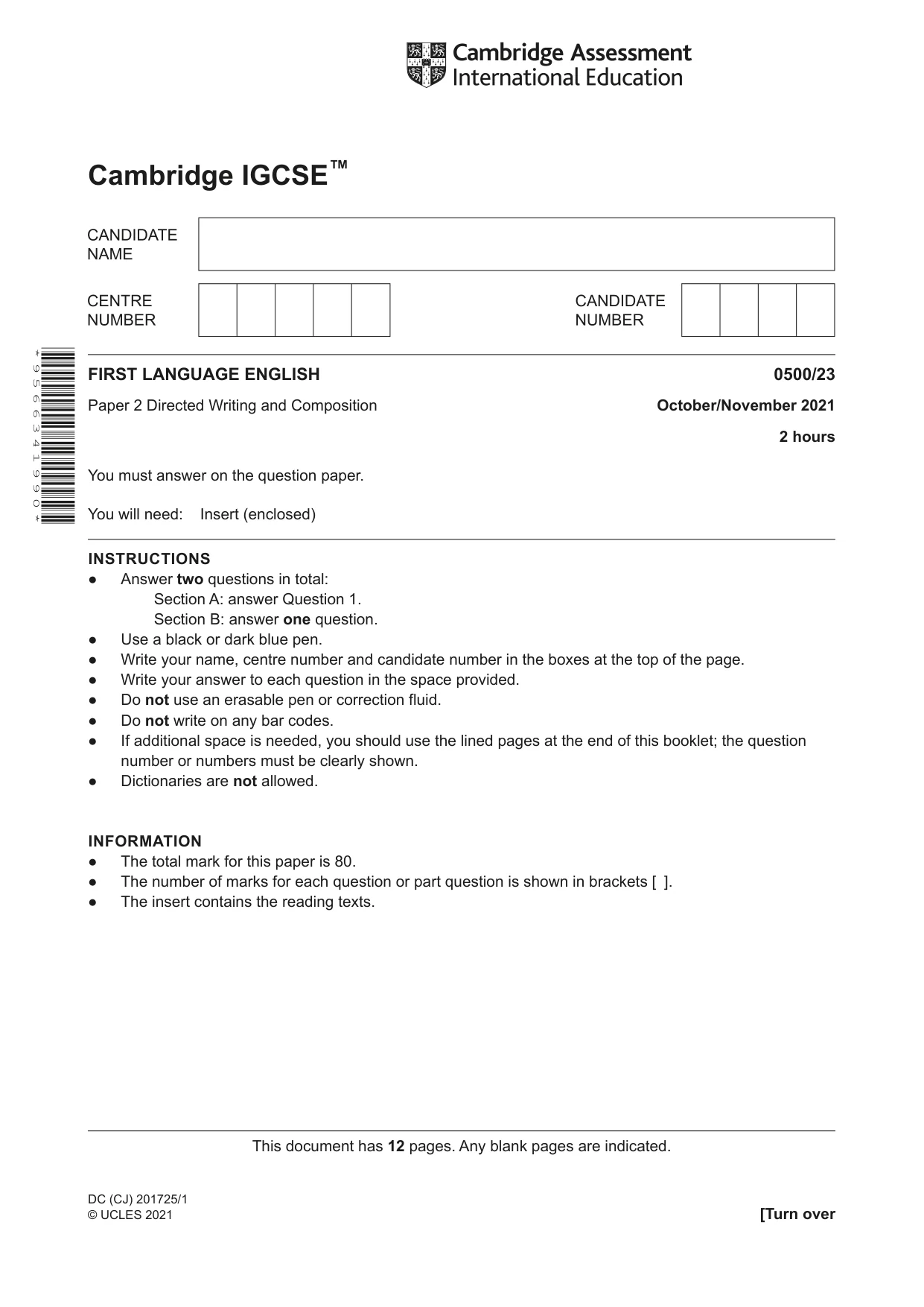 Cambridge IGCSE English - First Language 0500 2021 Oct/Nov Paper 2 · Variant 3 question paper, page 1 of 12