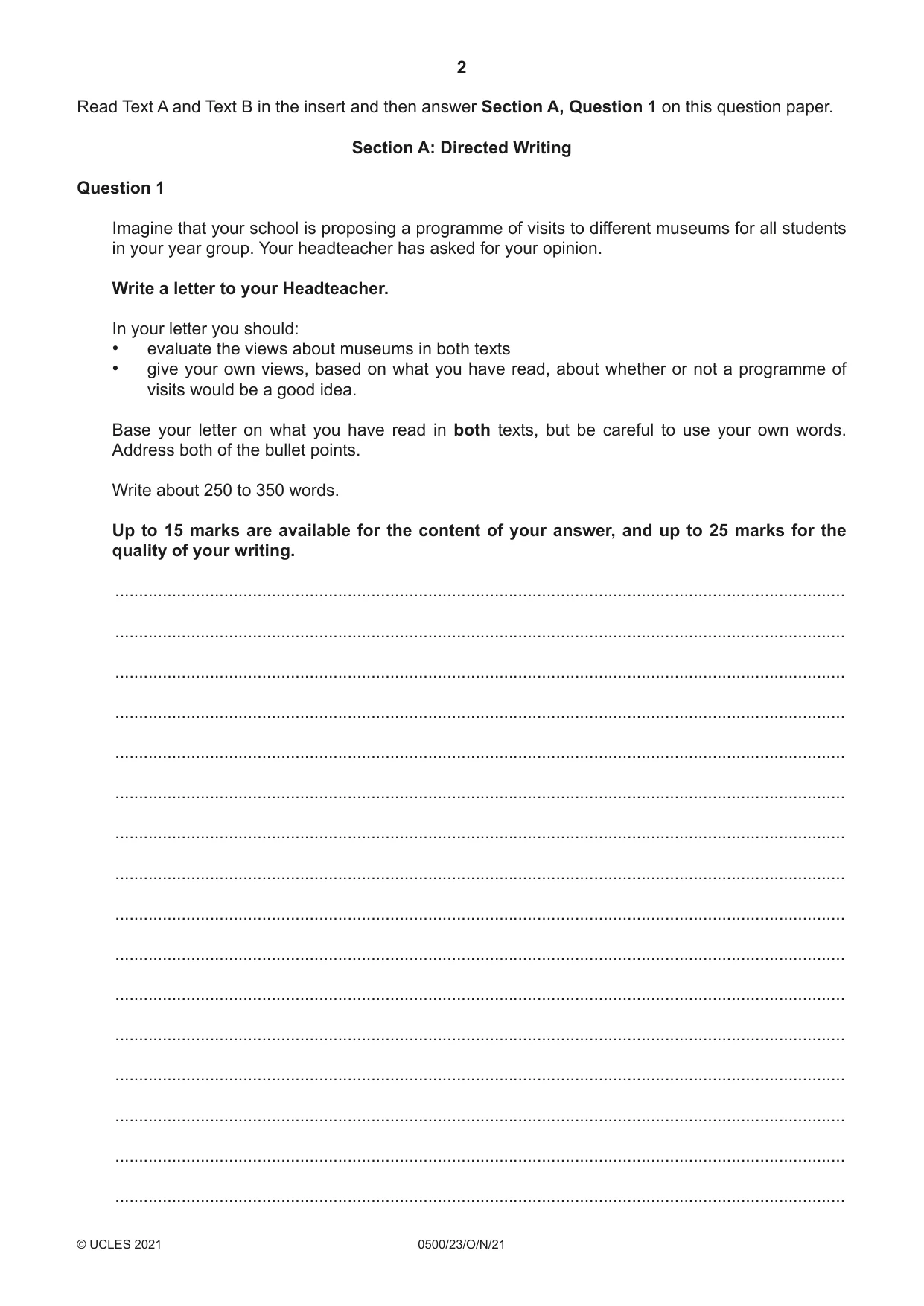 Cambridge IGCSE English - First Language 0500 2021 Oct/Nov Paper 2 · Variant 3 question paper, page 2 of 12