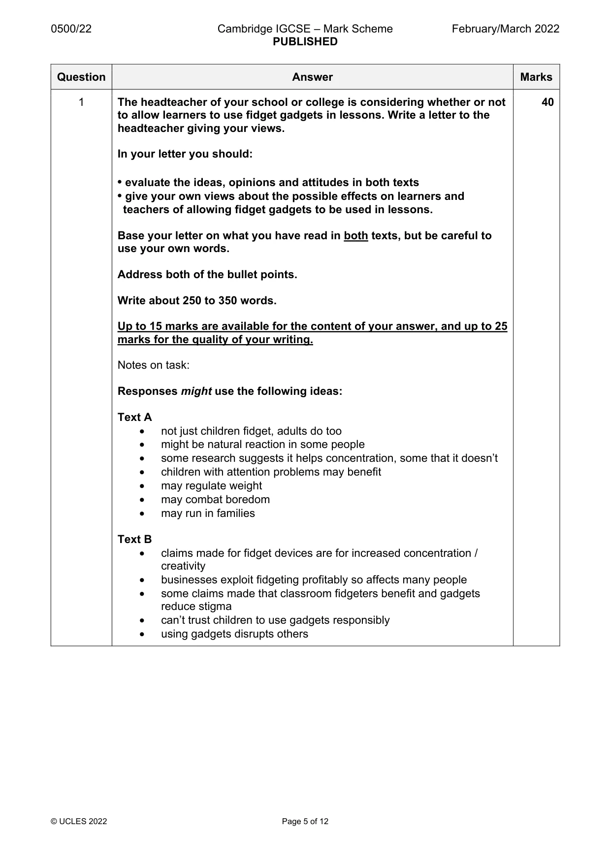 Mark scheme, page 5 of 12