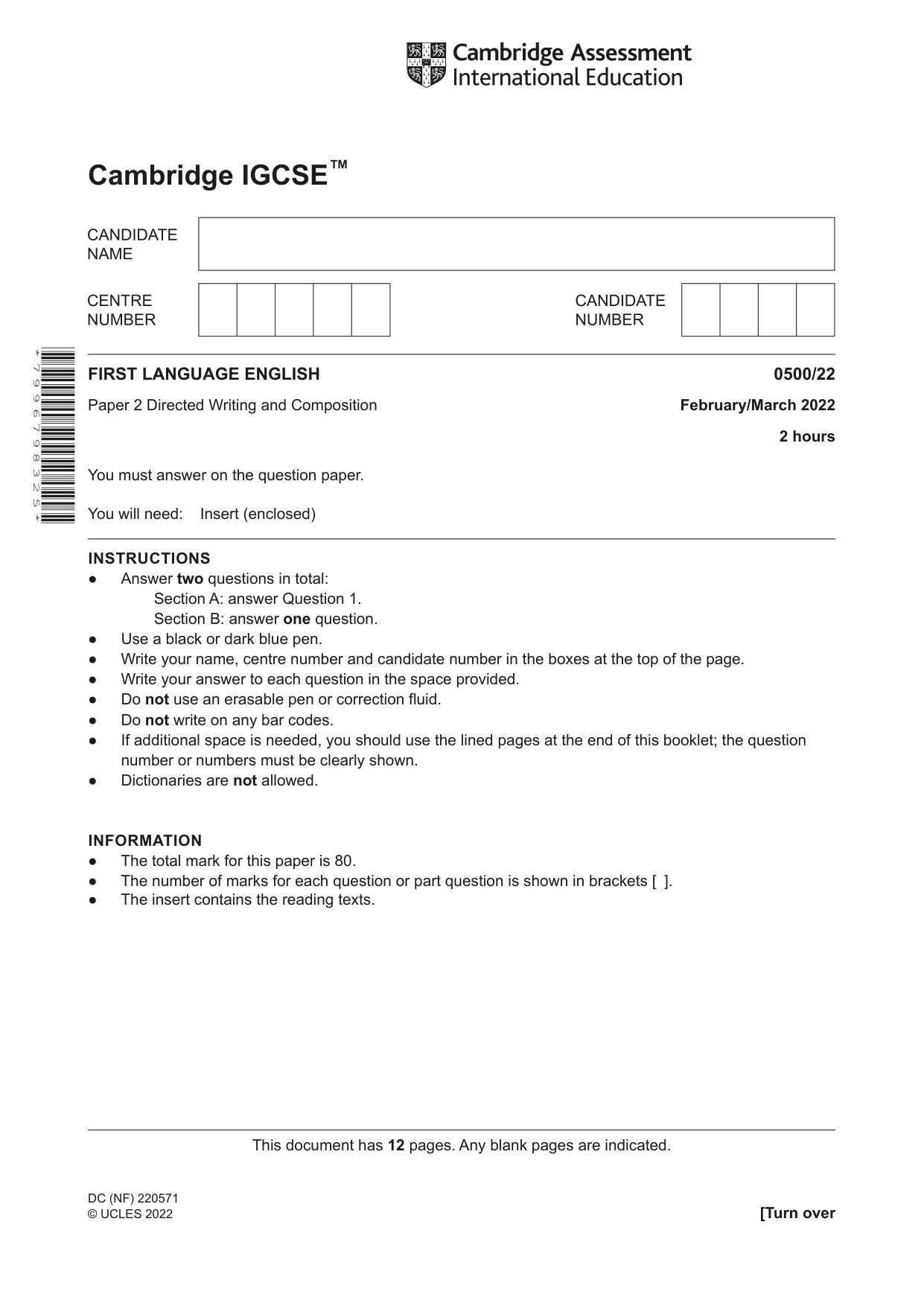 Cambridge IGCSE English - First Language 0500 2022 Feb/March Paper 2 · Variant 2 question paper, page 1 of 12