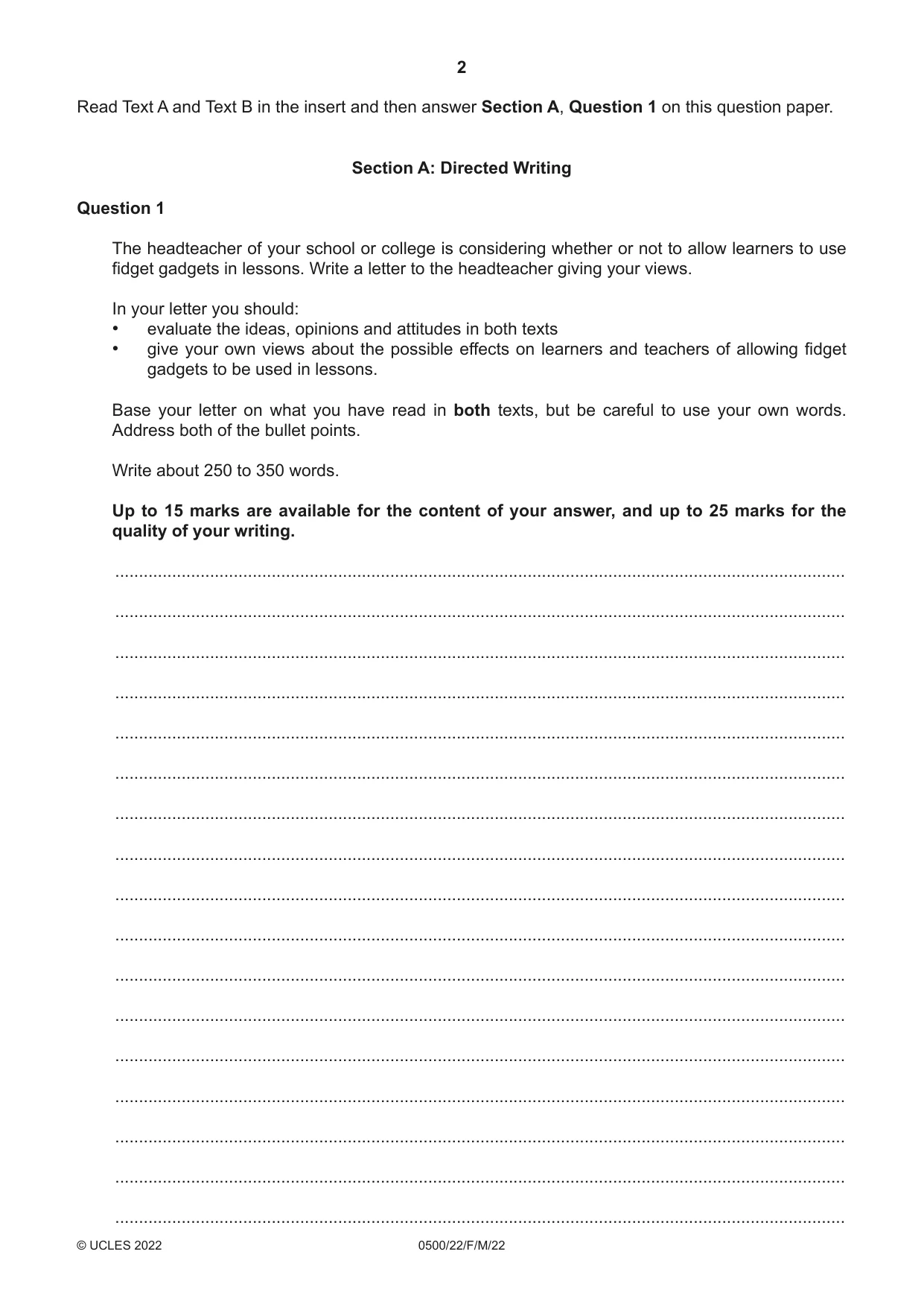 Cambridge IGCSE English - First Language 0500 2022 Feb/March Paper 2 · Variant 2 question paper, page 2 of 12