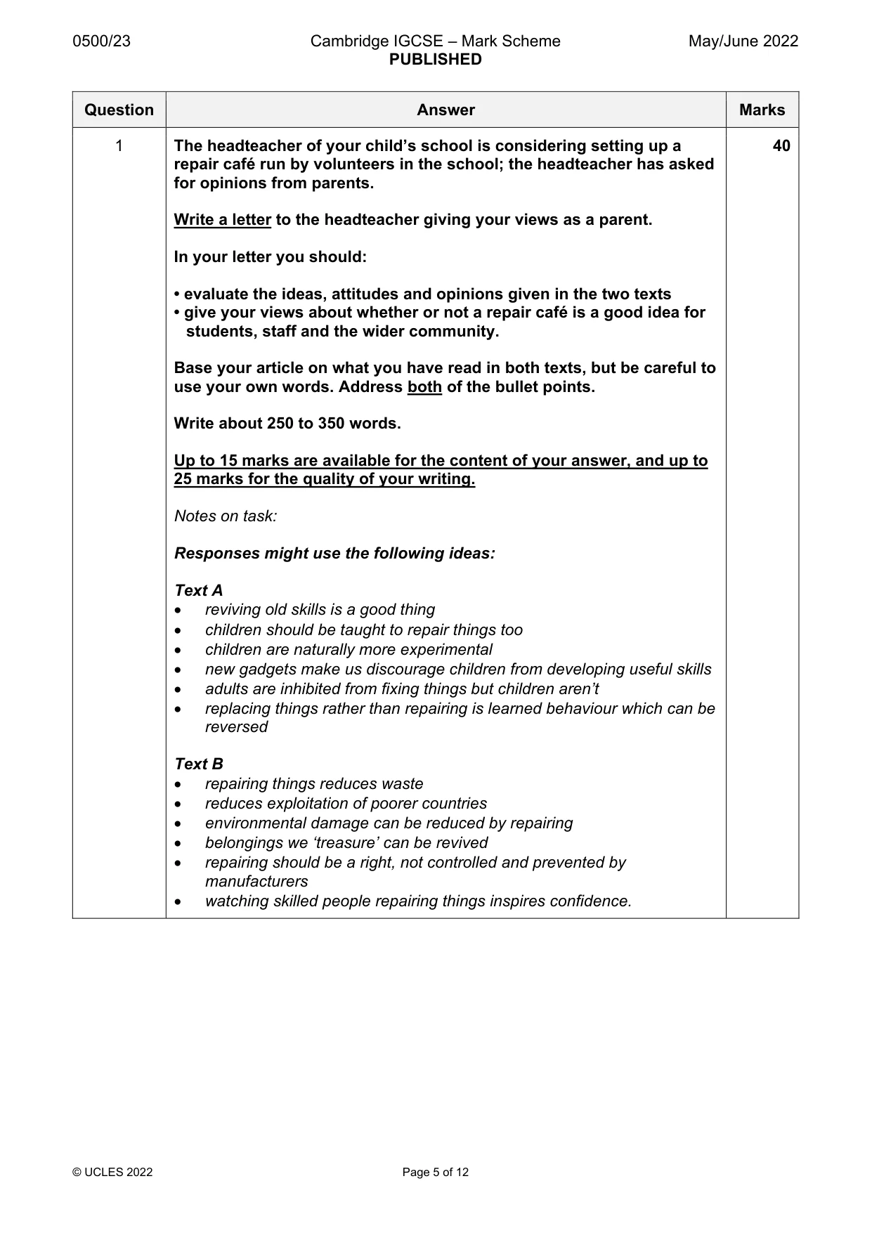 Mark scheme, page 5 of 12