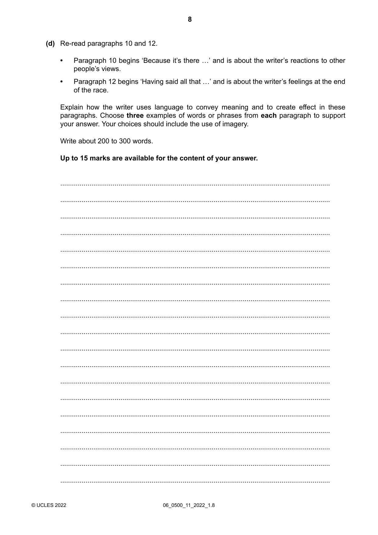 Cambridge IGCSE English - First Language 0500 2022 May/June Paper 1 · Variant 1 question paper, page 8 of 16