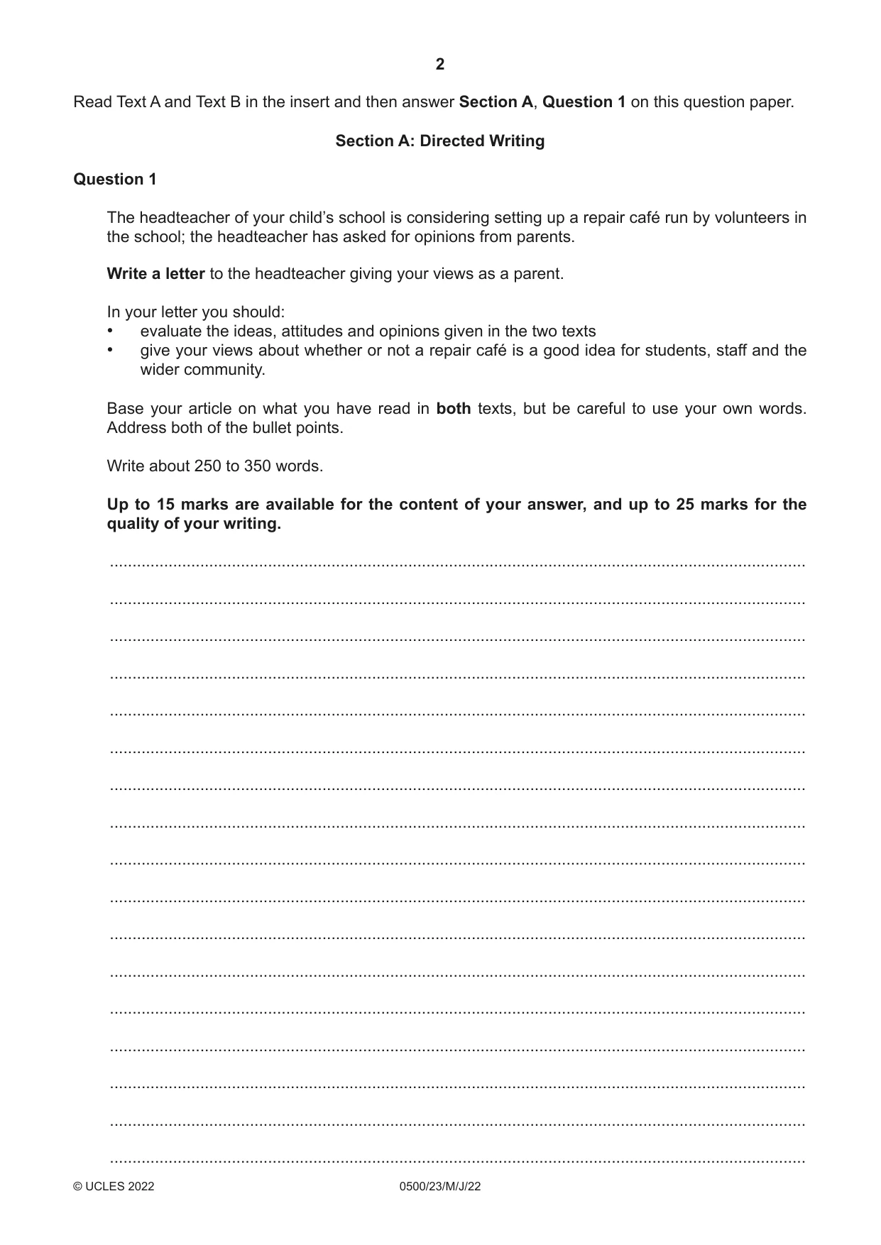 Cambridge IGCSE English - First Language 0500 2022 May/June Paper 2 · Variant 3 question paper, page 2 of 12