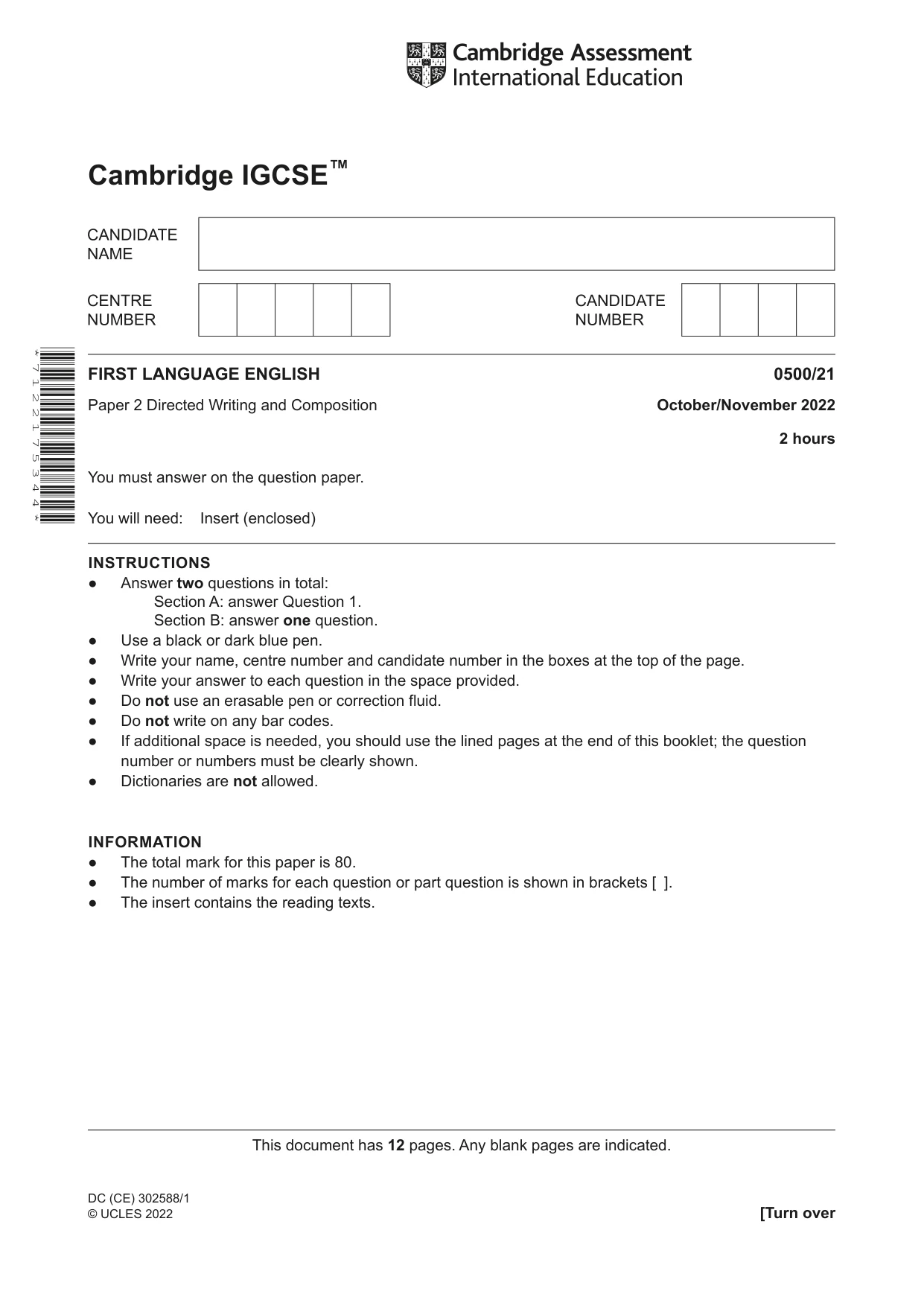 Cambridge IGCSE English - First Language 0500 2022 Oct/Nov Paper 2 · Variant 1 question paper, page 1 of 12