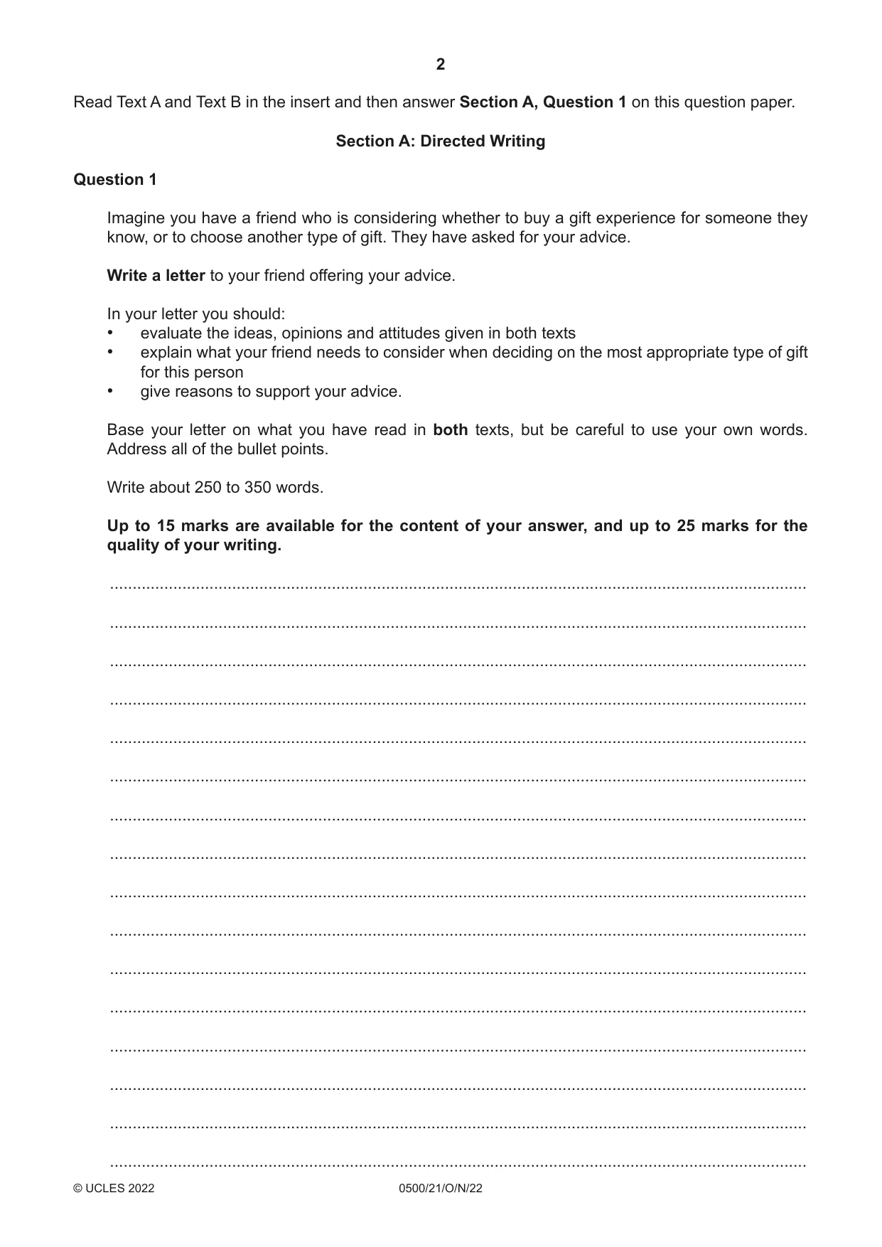 Cambridge IGCSE English - First Language 0500 2022 Oct/Nov Paper 2 · Variant 1 question paper, page 2 of 12