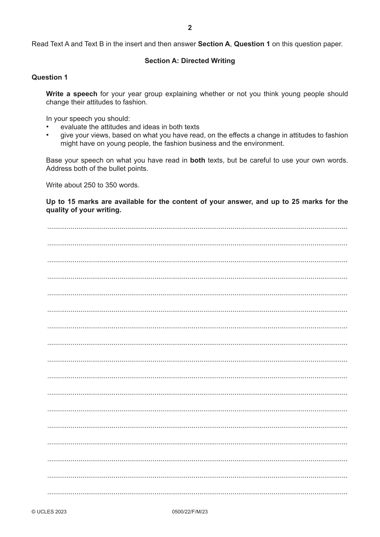 Cambridge IGCSE English - First Language 0500 2023 Feb/March Paper 2 · Variant 2 question paper, page 2 of 12