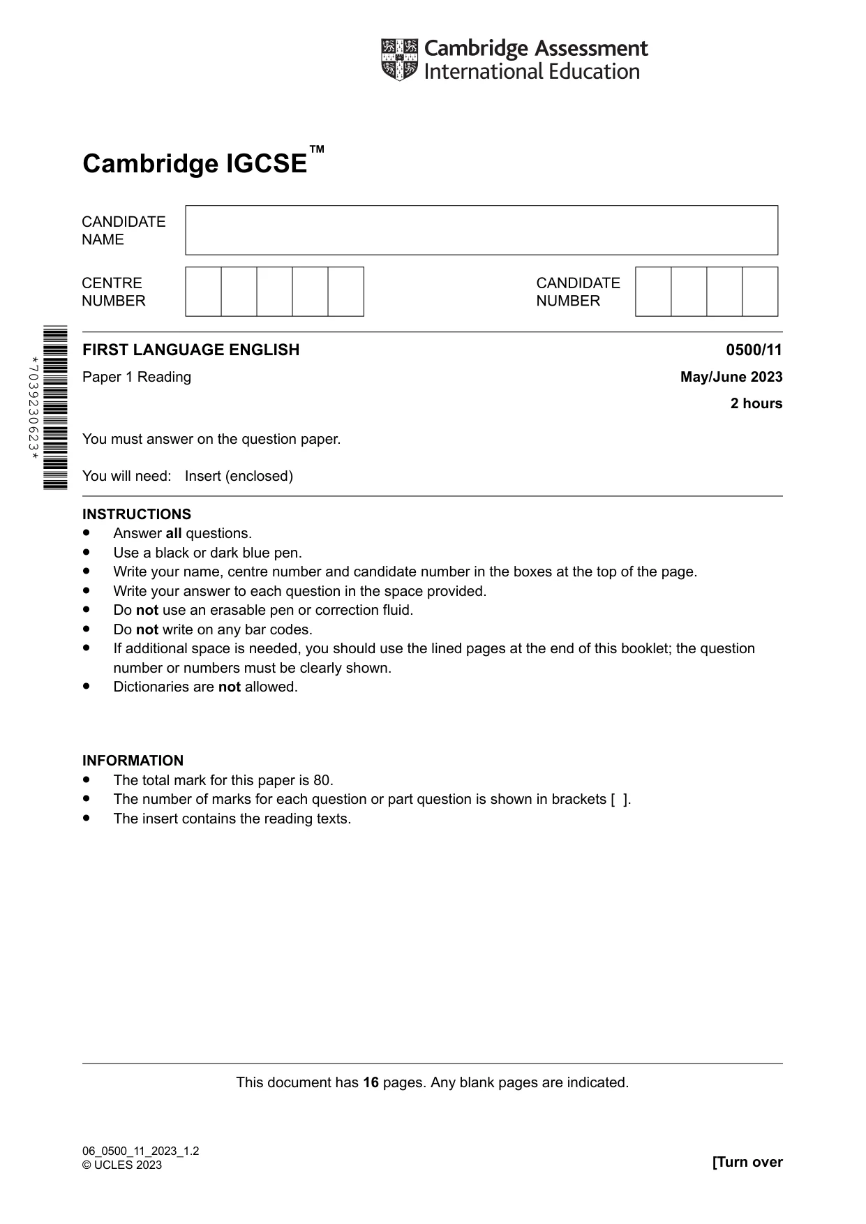 Cambridge IGCSE English - First Language 0500 2023 May/June Paper 1 · Variant 1 question paper, page 1 of 16