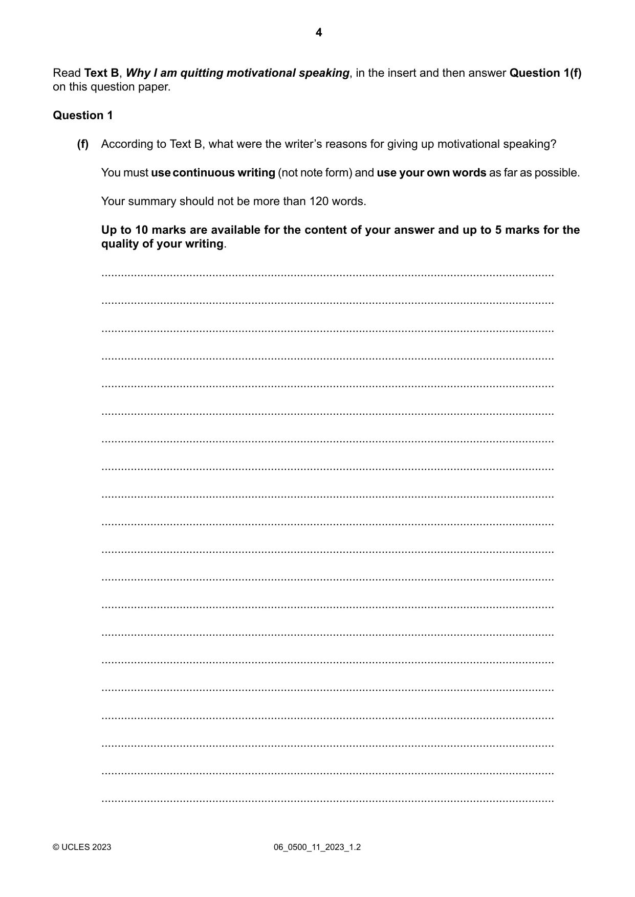 Cambridge IGCSE English - First Language 0500 2023 May/June Paper 1 · Variant 1 question paper, page 4 of 16