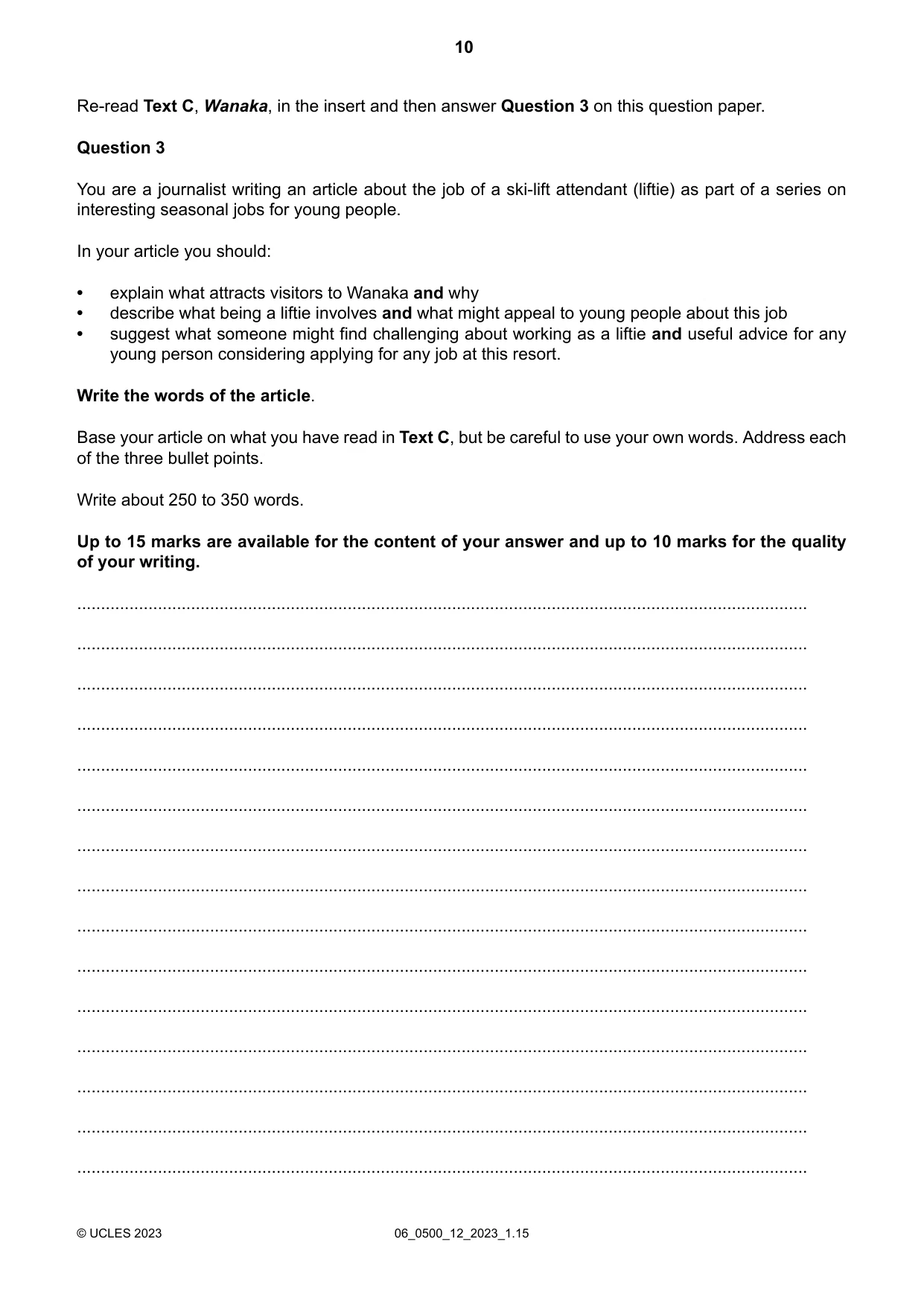 Cambridge IGCSE English - First Language 0500 2023 May/June Paper 1 · Variant 2 question paper, page 10 of 16