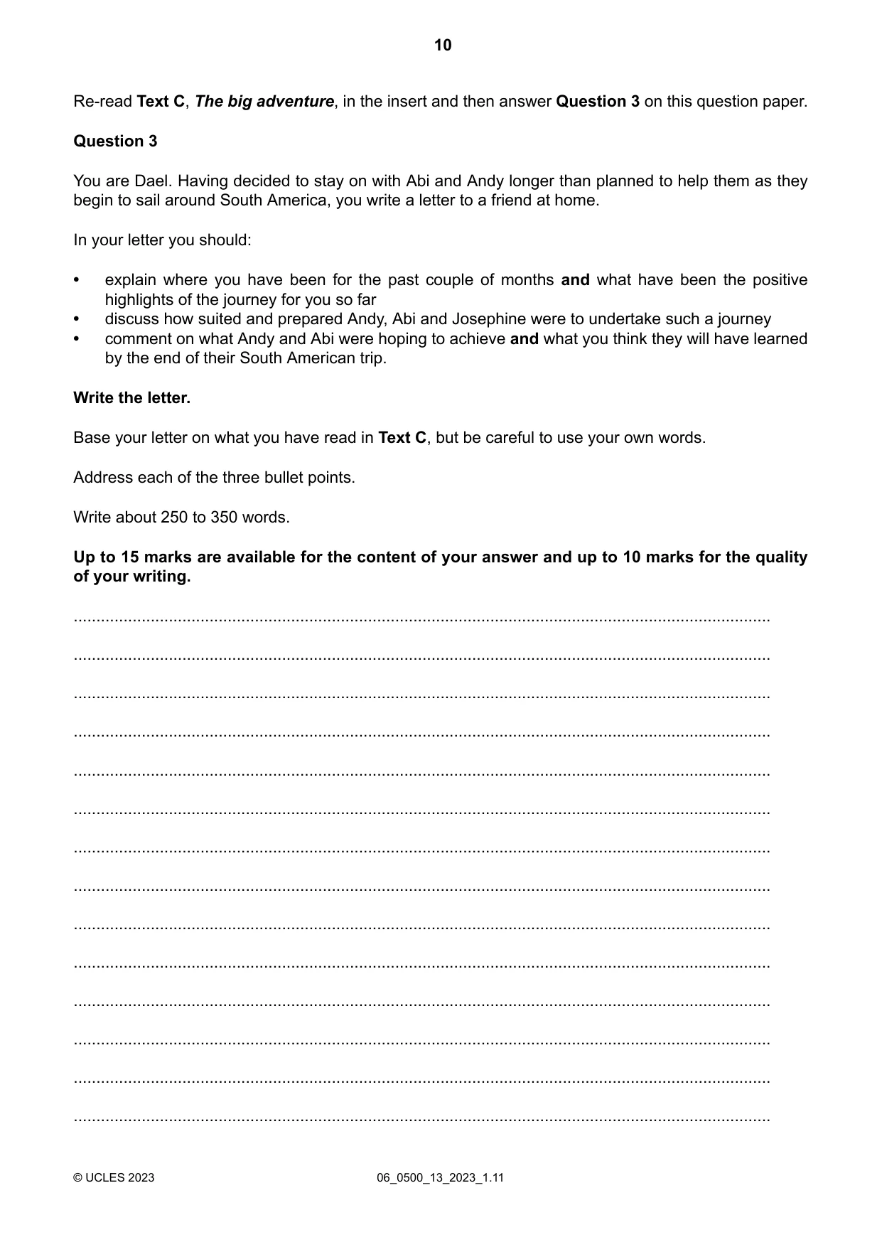 Cambridge IGCSE English - First Language 0500 2023 May/June Paper 1 · Variant 3 question paper, page 10 of 16
