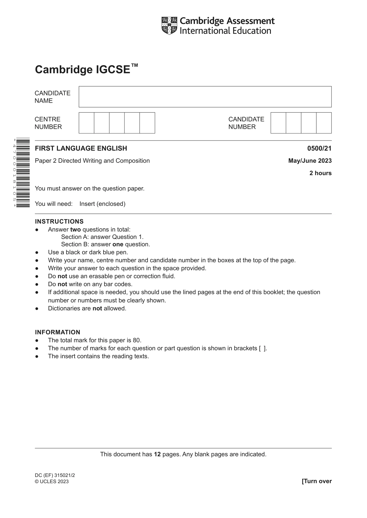 Cambridge IGCSE English - First Language 0500 2023 May/June Paper 2 · Variant 1 question paper, page 1 of 12