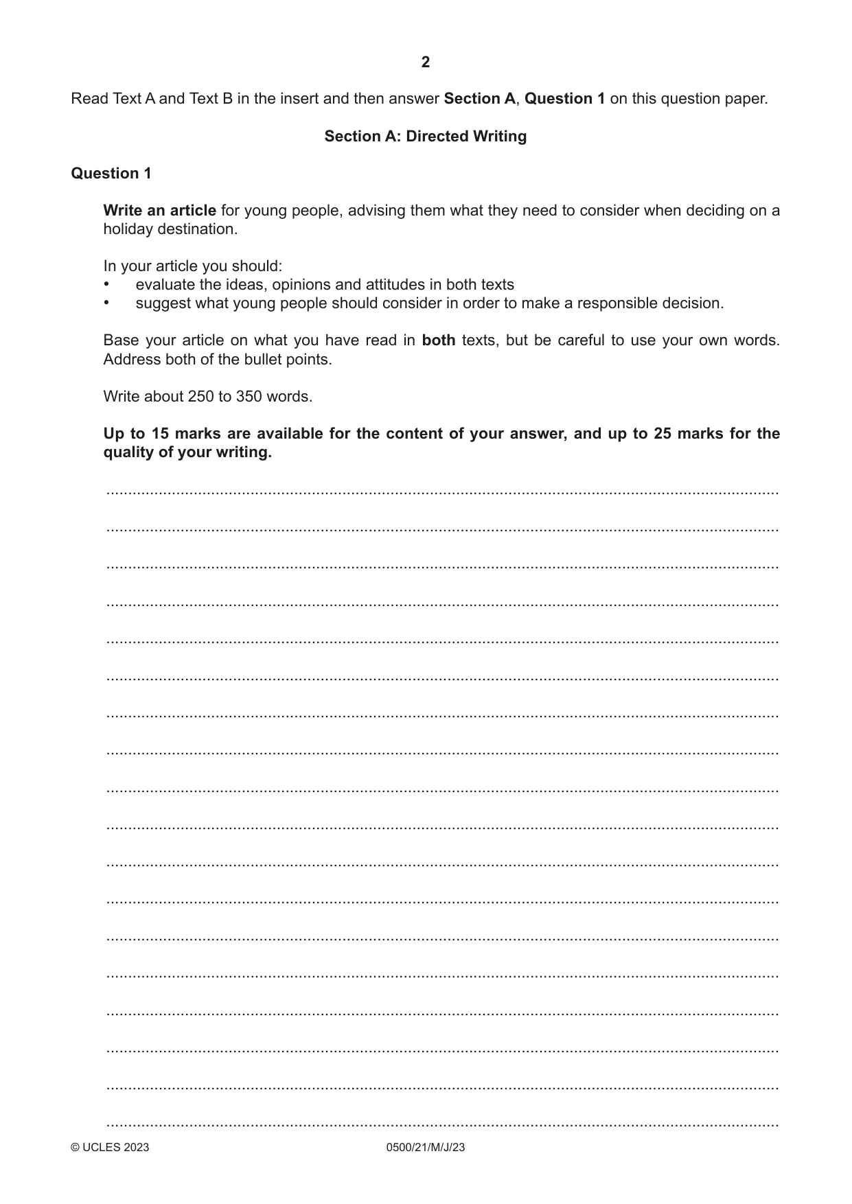 Cambridge IGCSE English - First Language 0500 2023 May/June Paper 2 · Variant 1 question paper, page 2 of 12
