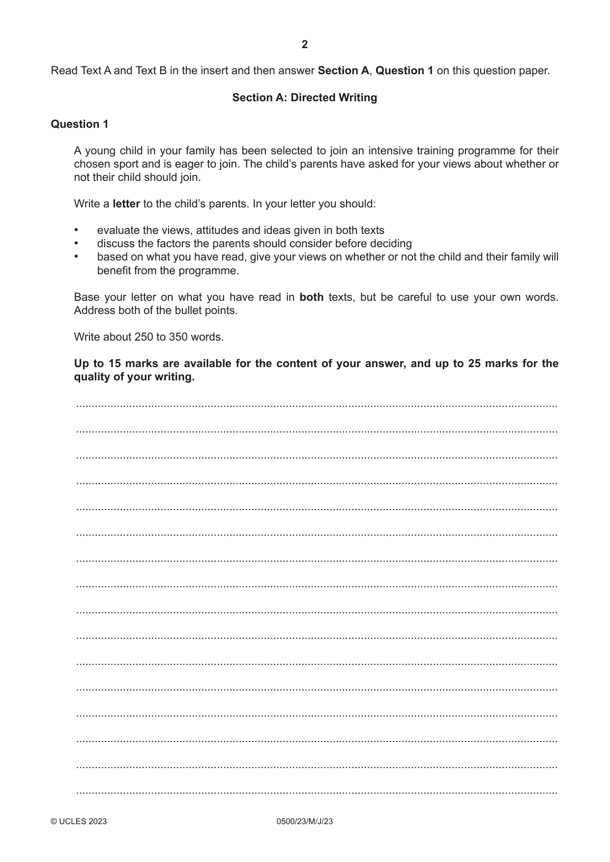 Cambridge IGCSE English - First Language 0500 2023 May/June Paper 2 · Variant 3 question paper, page 2 of 12