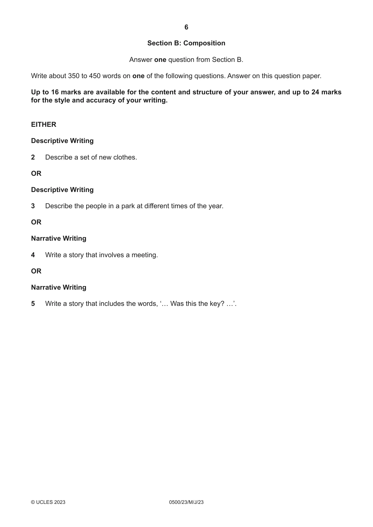 Cambridge IGCSE English - First Language 0500 2023 May/June Paper 2 · Variant 3 question paper, page 6 of 12