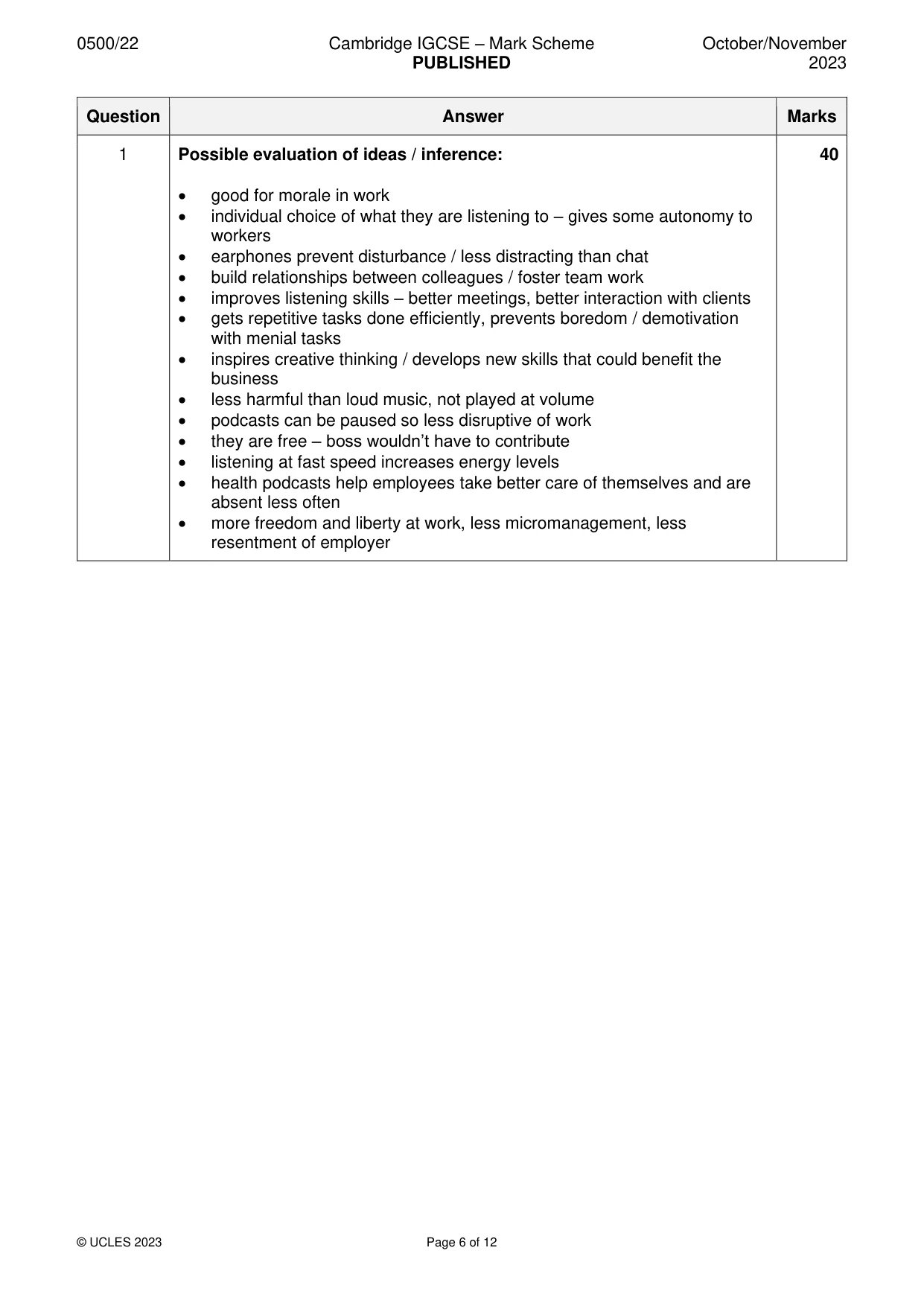 Mark scheme, page 6 of 12