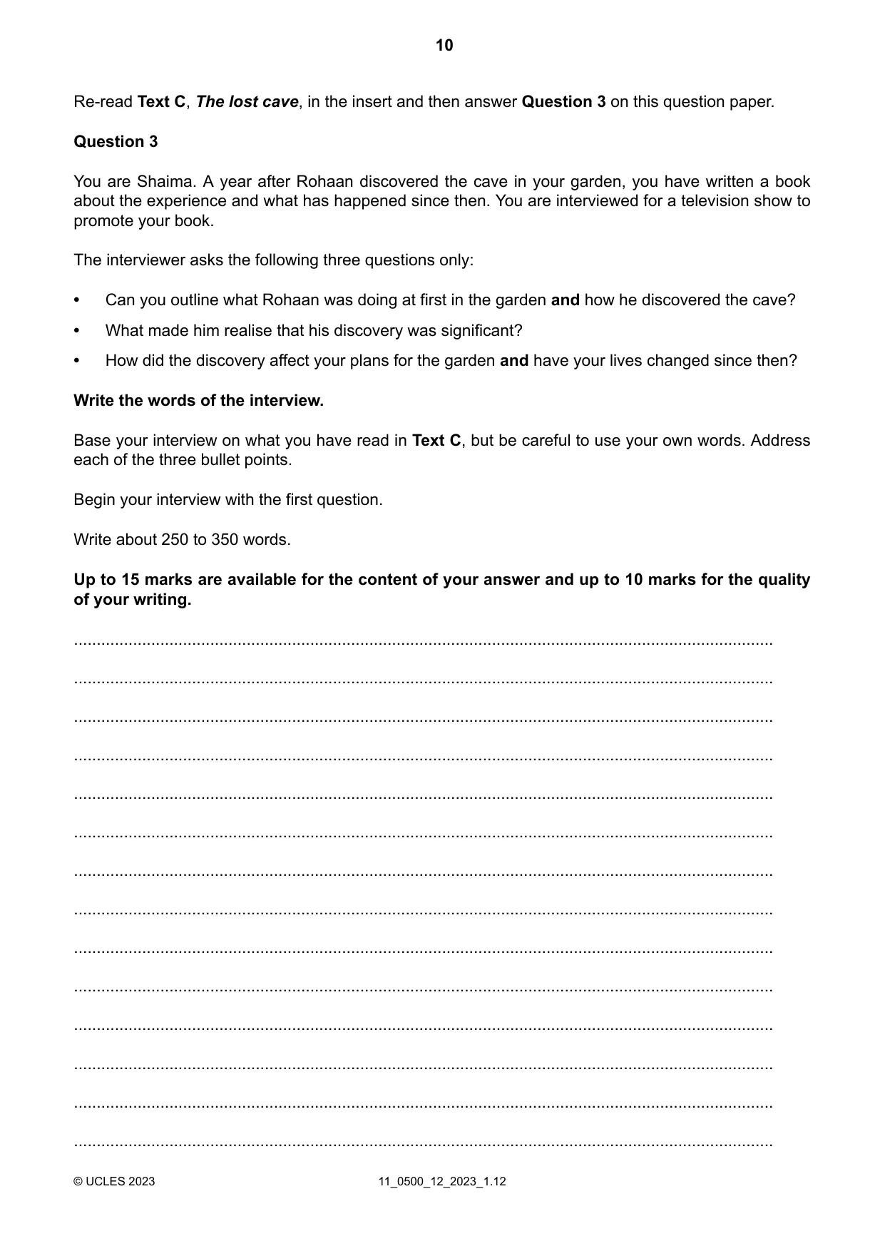 Cambridge IGCSE English - First Language 0500 2023 Oct/Nov Paper 1 · Variant 2 question paper, page 10 of 16